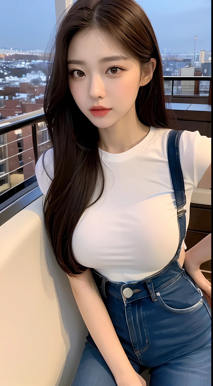 ((Midnight, Best quality, 8k, Masterpiece :1.3)), Whole body, Long legs, Sharp focus :1.2, A pretty woman with perfect figure :1.4, Slender abs :1.1, ((Dark brown hair, Big breasts :1.2)), (White tight tshirt, Jean bib, Standing:1.2), ((Night city view, Rooftop:1.3)), Highly detailed face and skin texture, Detailed eyes, Double eyelid