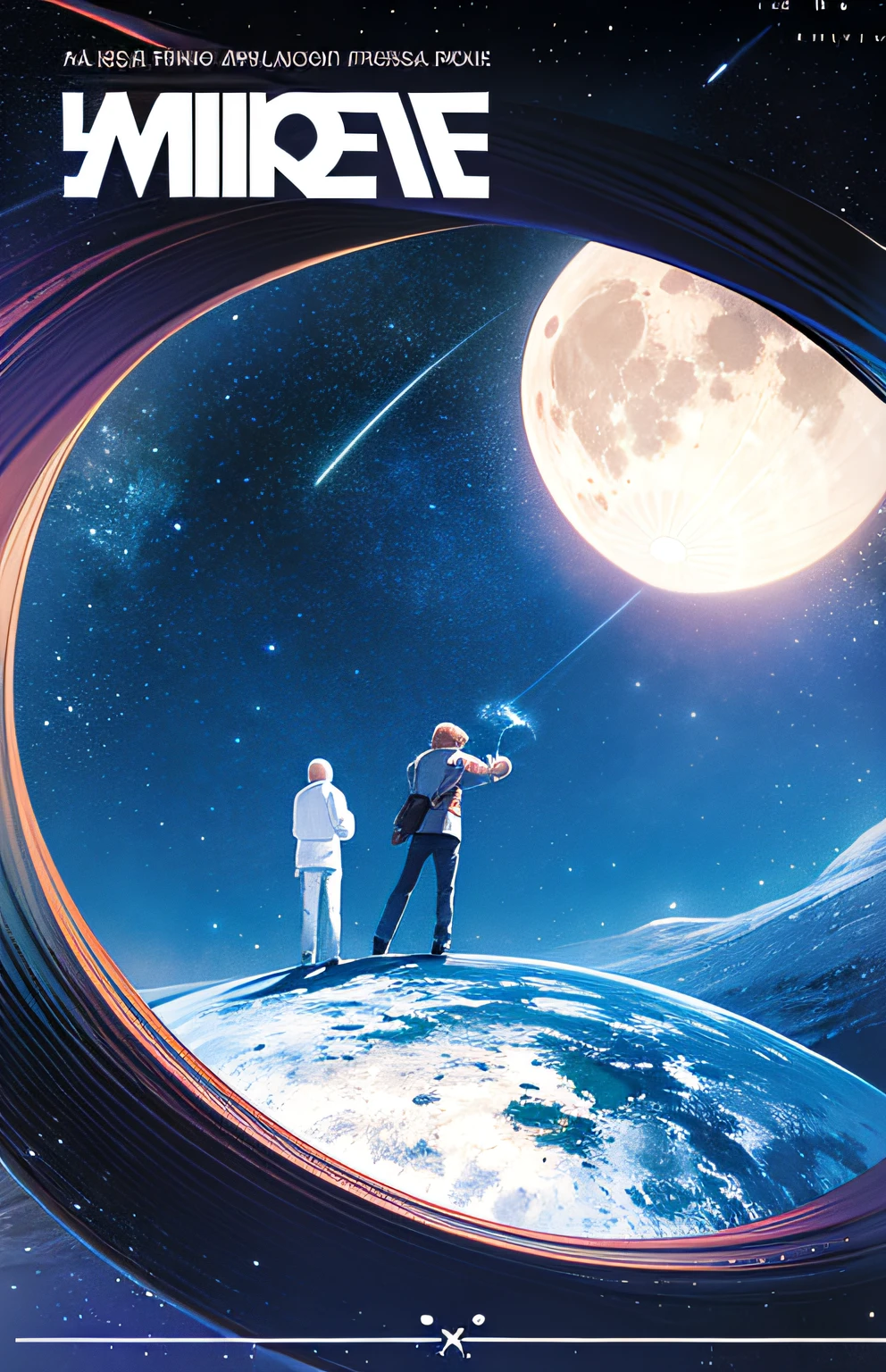 The image of a man, a woman, a  standing on the earth, Family reunion, on moon, album covers, space dream, dreaming of outer space, tranquility of the endless stars, elevator to the moon, music album art, Artistic cover, Fantasy space, poster for, in the space, On the moon, in the astral plane ) ) )