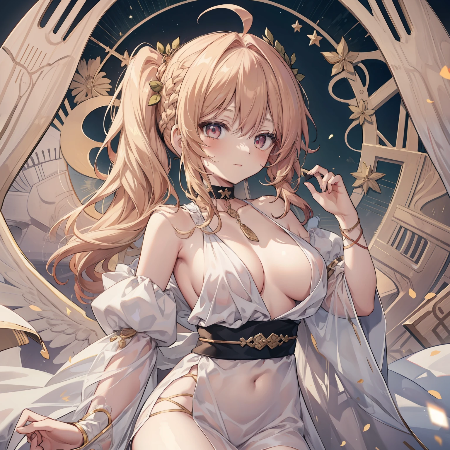 cute female child,greek clothes, peplos, 1girl, nedium breasts, blond hairbl, ahoge,Cute face,Sword,quadratic element,16 yaers old, Asymmetrical hair, Floating hair, hair between eye,Lateral hair, Next to the phoenix,chest tattoo,cleavage,Plump breasts,upper legs,bandagens,Bare shoulders,florals, hair intakes, looking at viewert,独奏, rosette, jewely, By bangs, hand on hips, ribbons, upper legs, 鎖骨, white backgrounid, ssmile, Separate the sleeves, pigtails, tress ribbon,french braid,simple backgound, Red ribbons, 耳Nipple Ring, longer sleeves, red rose, The mouth, faint blush, long whitr hair, choker necklace,Beautiful,fanciful,dream magical,magia,Magnificent imagination,A high resolution,ultra-delicate,best qualityer,Super refined,tmasterpiece, Best quality at best,Uncensored,Pure
