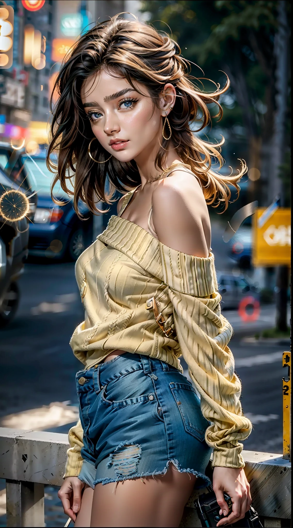 (), Peitos grandes,(master part), best quality, extremamente detalhado, (Aquarela), florescer, delicado e bonito, illustration, (de baixo),(1girl:1.4), (sozinho:1.2), seios grandes, (ribbed sweater:1.3), off-shoulder sweater, (short shorts:1.2), bareshoulders, (Peito Inferior), ((pele escura:0.8)), Olhos bonitos, (cabelos desgrenhados ), fotografia, tiro por cima do ombro, Directed by: Alex Maleev, profissional, Canon Camera, Nikon Camera, Sharp, Bokeh, studio quality, lente olho de peixe, Directed by: Robert Capa ,