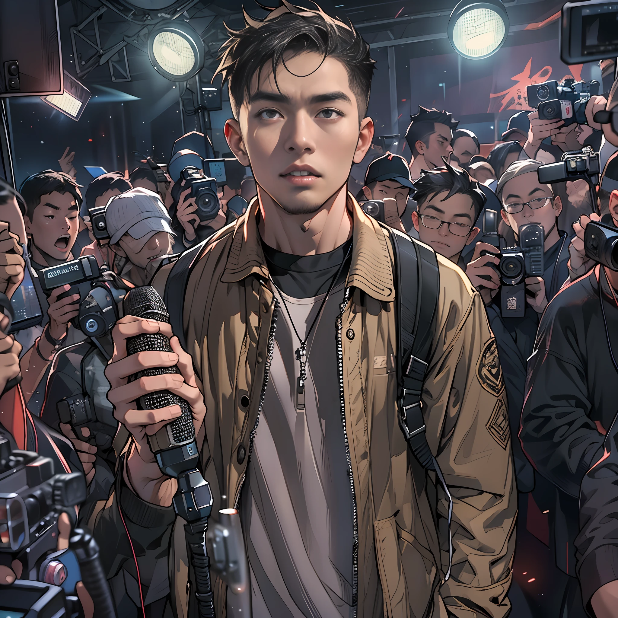 A confident young man standing in front of a camera, holding a microphone, looking determinedly into the lens, surrounded by a bustling recording scene with flashing lights, busy photographers and crew, ,in the style of the stars art group xing xing, 32k, best quality, masterpiece, super detail, high details,