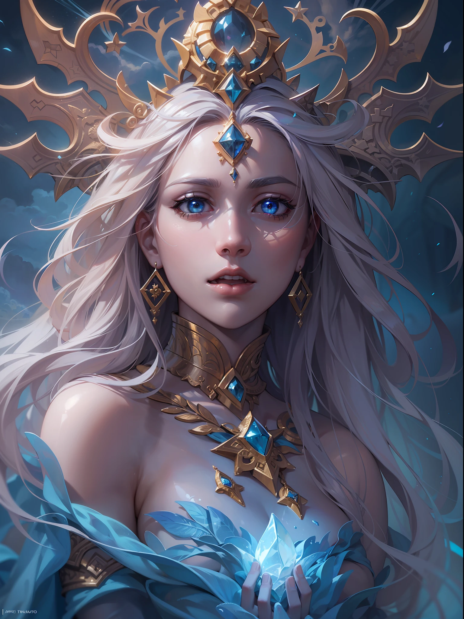high details, best quality, 8k, [ultra detailed], masterpiece, best quality, (extremely detailed), full body, ultra wide shot, photorealistic, fantasy art, dnd art, rpg art, realistic art, an ultra wide picture of a female human (1.5 intricate details, Masterpiece, best quality) godess of light ((blue radiant aura)), controlling a swirling blue radiant magic (1.5 intricate details, Masterpiece, best quality), manipulating purple radiant magical symbols, divine symbols (1.5 intricate details, Masterpiece, best quality), human female, blond  hair, long hair with aura, hair with blue radiant eyes, intense eyes, ((radiant eyes)), (( blue glowing eyes)), dynamic clothing, fantasy sky, clouds, celestial  background, ((divine worship atmosphere)), high details, best quality, highres, ultra wide angle