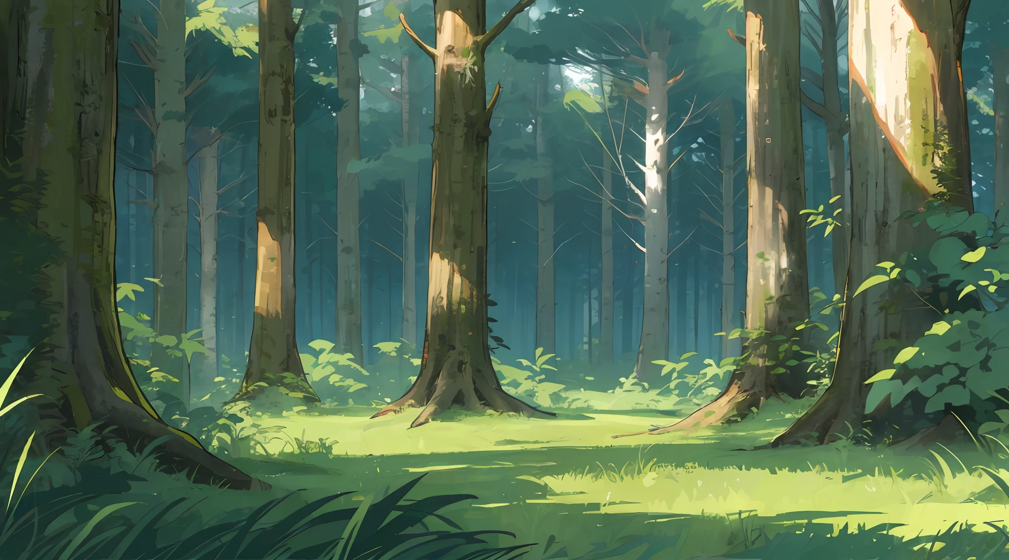 gentle, anime background art, clean lines, intricate details, serene, empty, high quality, raytracing video game, empty forest, overgrown, grassy ground, neutral plants, pine trees, vibrant, dense with trees, leaves on the ground, pretty, landscape wallpaper, deep forest, untouched nature, dense greenery