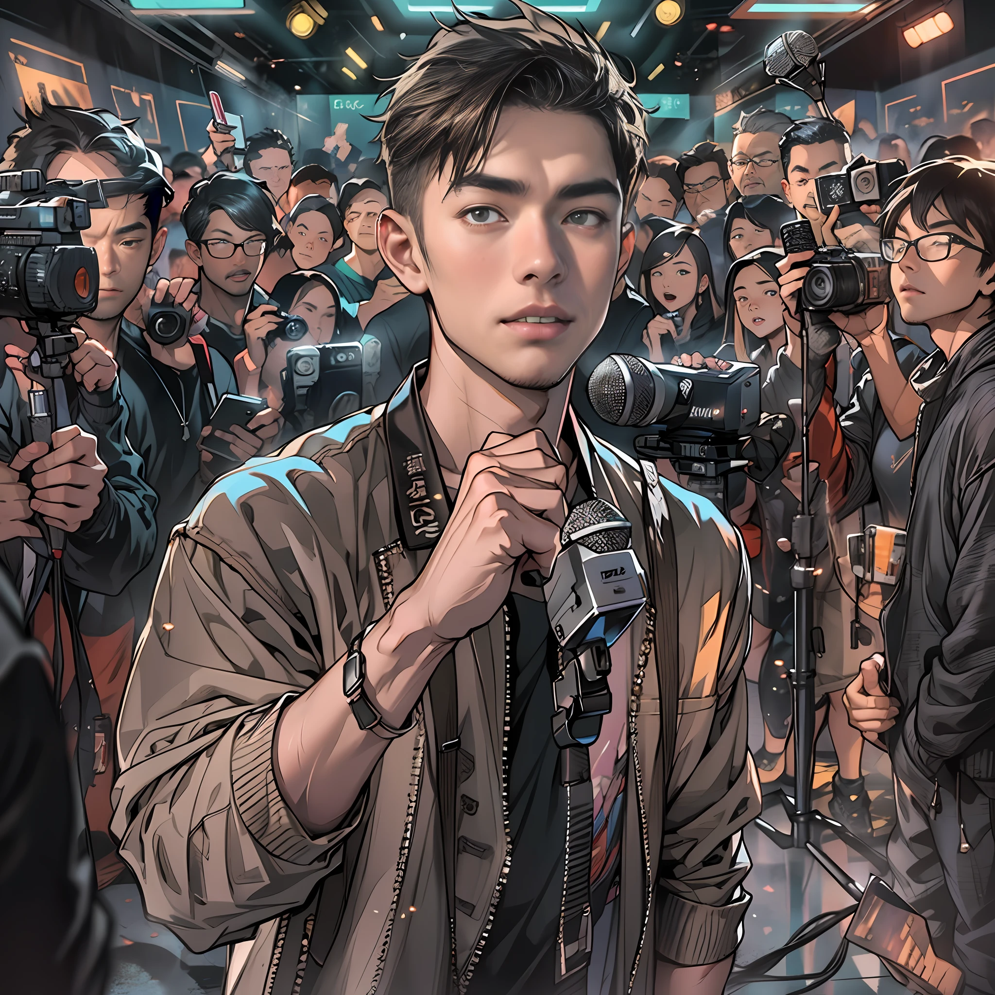 A confident young man standing in front of a camera, holding a microphone, looking determinedly into the lens, surrounded by a bustling recording scene with flashing lights, busy photographers and crew, ,in the style of the stars art group xing xing, 32k, best quality, masterpiece, super detail, high details,