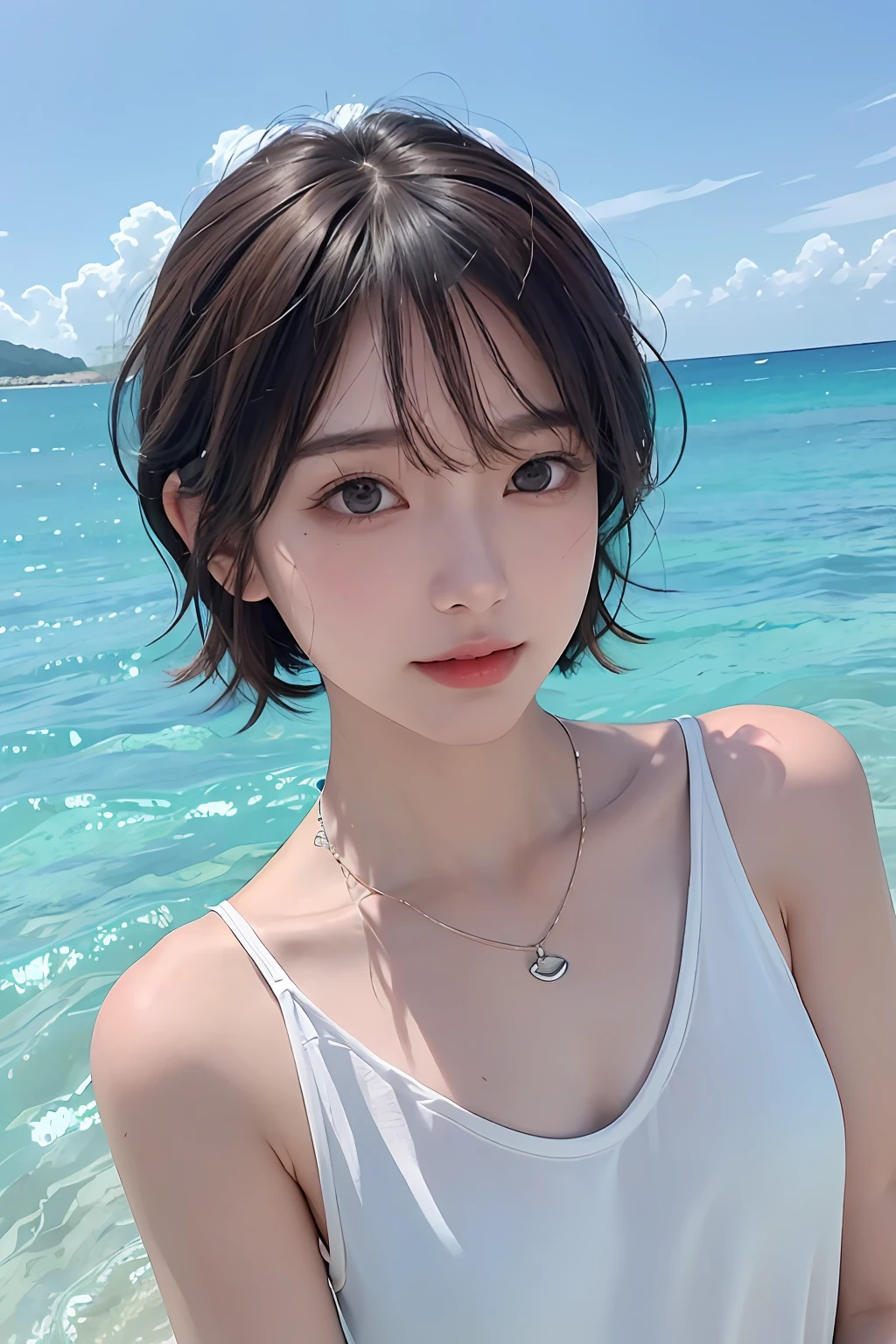 top-quality、​masterpiece、超A high resolution、(realisitic:1.4)、(True skin texture:1.3)、(film grains:1.3)、the panorama、portlate、Very wide lens、a closeup、Tindall Effect、Perfect beautiful adult woman、Beautiful detailed eyes and skin、Small Smile、short cut hair、Petite bust、Small necklace、sleeveless shirts、Strong sunshine、iced coffee、Summer sea and sky、