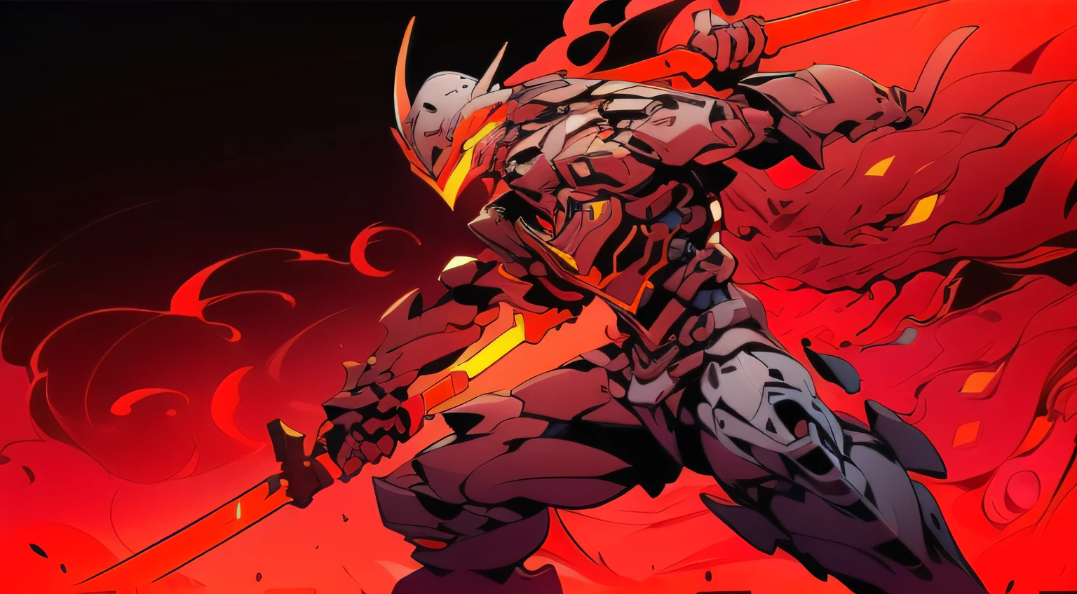 (((Masterpiece)), ((Best Quality)), 8K, High Detail, Ultra Detail, A Cool Mech Wearing a V-shaped Helmet, Colorful Glow Mech Set, Wielding a Red Glowing Longsword, Posing for Battle, Close-up. In the background, many monsters lurk in the smoky atmosphere.