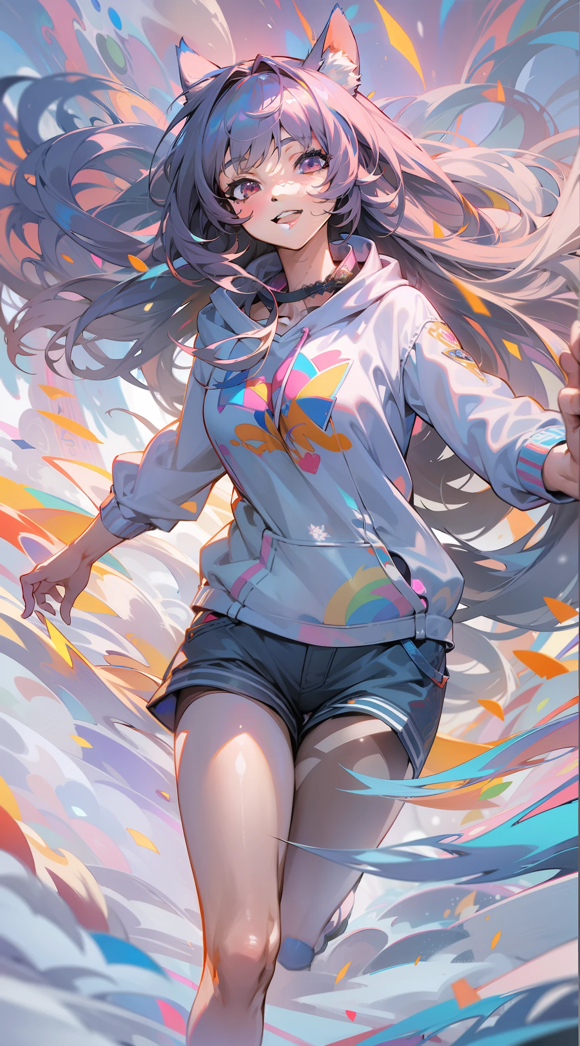 high speed Psychedelic Surrealisms girl , , 2.5d semi-realistic masterpiece, 1girl, long hair, eyes growing , intricate details, detailed texture, finely detailed ,, ,intricate ,KEMONOMIMI ANIME STYLE ,shoes colorful grow hologram , smile , running forward , Before sunrise ,neocity , snow theme::1.3