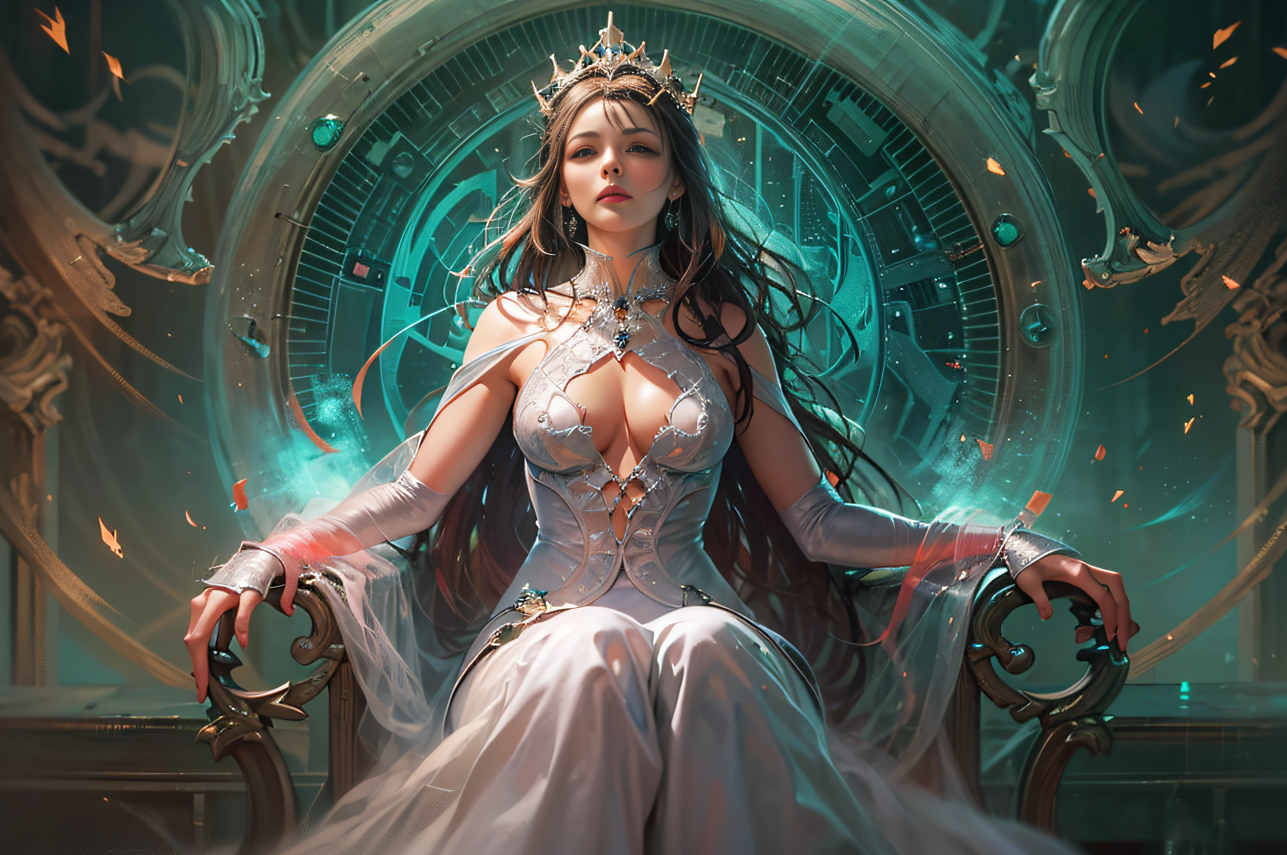 ((a very beautiful woman)),(in a heavenly dress),((sitting on her throne)):1.4,radiates power,there is a magical.mystical aura in the atmosphere