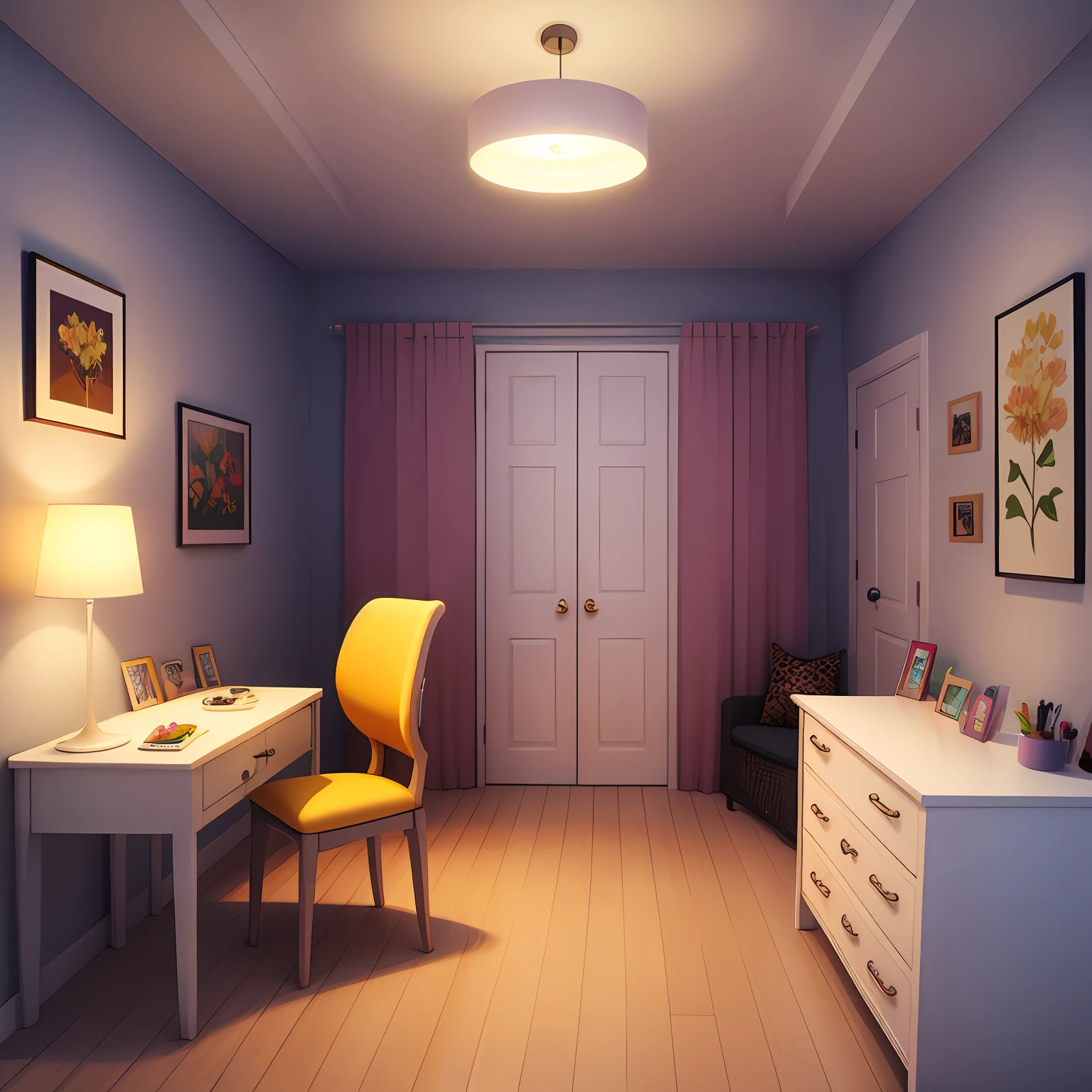 (digitial painting),(best qualtiy)Bedrooms,Dressing table,Master bedroom,Beds, Interior lighting, peacefulatmosphere, Transverse