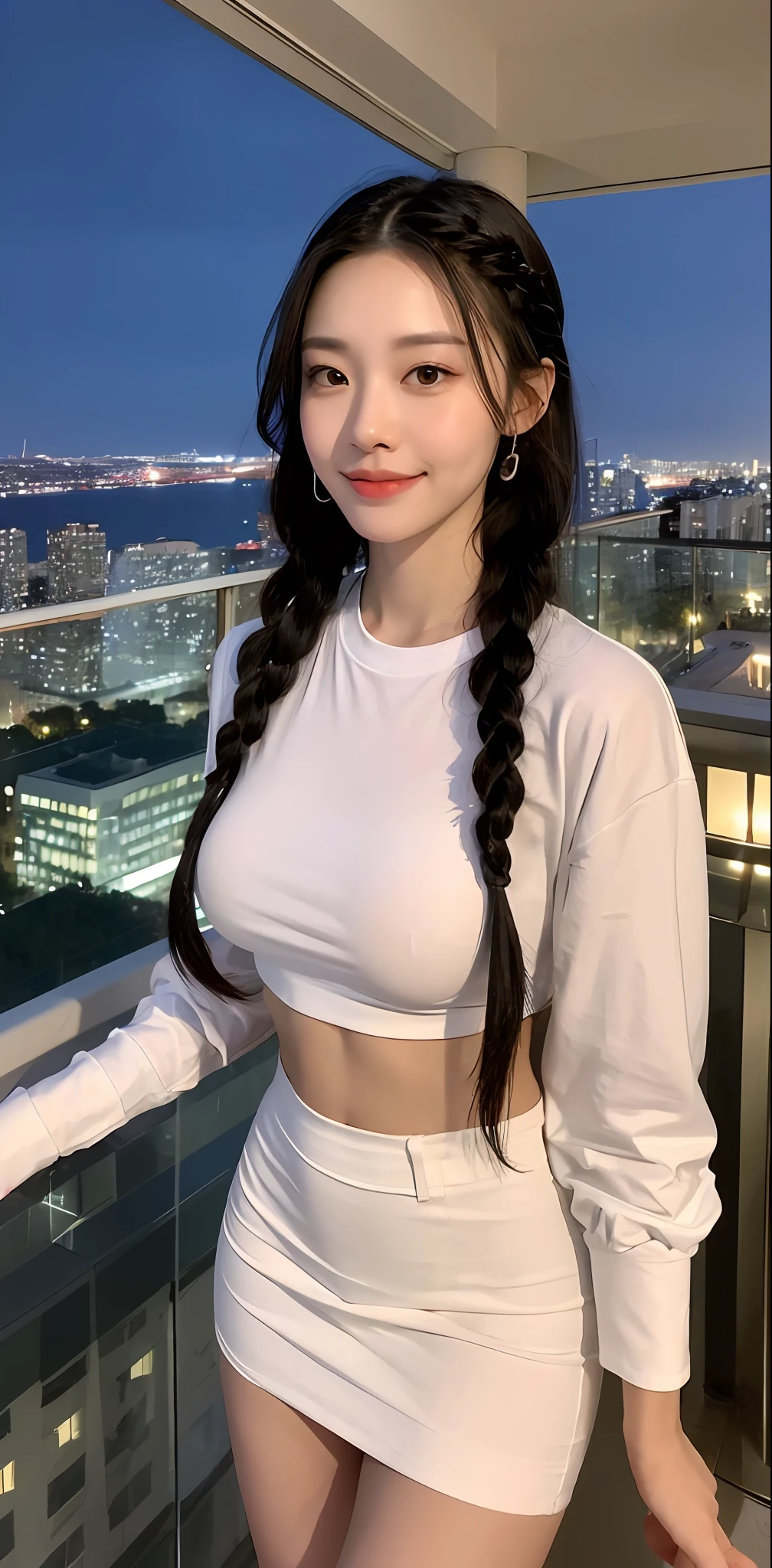 ((Midnight, Best quality, 8k, Masterpiece :1.3)), Whole body, Long legs, Sharp focus :1.2, A pretty woman with perfect figure :1.4, Slender abs, thigh :1.1, ((black hair, braids, Big breasts :1.2)), (White tight tshirt, crop top, Jean skirt, Standing:1.2), ((Night city view, balcony :1.3)), Highly detailed face and skin texture, Detailed eyes, Double eyelid, slightly smile, close up
