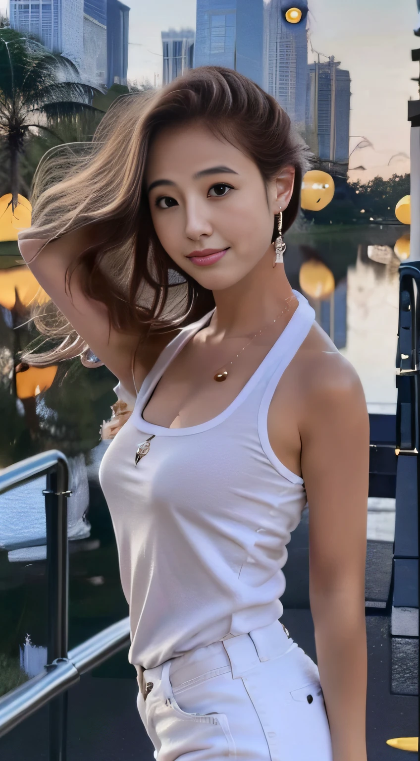 Photo Quality、An ultra-high picture quality、8K、32K、Summer cityscape、(top-quality、masterpiece:1.2)、25 year old beautiful girl walking in the city、White sleeveless shirt、blue skinny jeans、、sony a7,3.Shooting with a 5mm lens、F 1.8 openings、Lighting Glow Effect、No retouching、Realistic raw photos、The skin texture is very detailed、without makeup、Background lighting is yellow、Good Style、Tall girls、ssmile、Peach butt