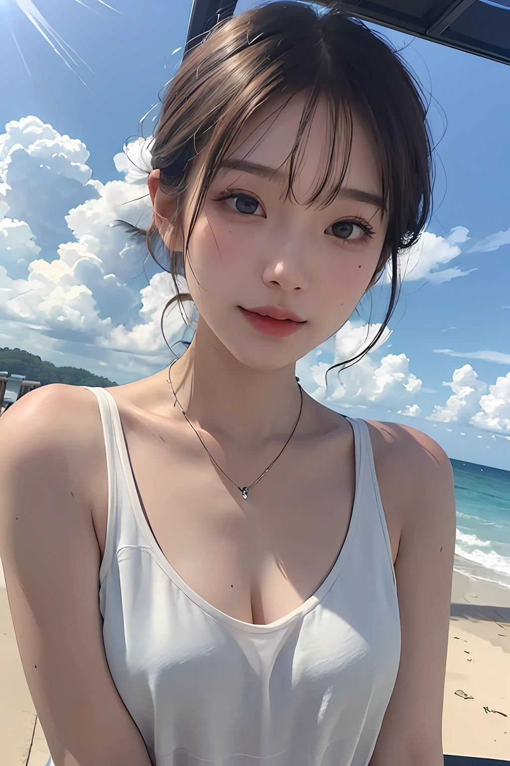 top-quality、masterpiece、超A high resolution、(realisitic:1.4)、(True skin texture:1.3)、(film grains:1.3)、the panorama、portlate、Very wide lens、a closeup、Tindall Effect、Perfect beautiful adult woman、Beautiful detail eyes and skin、Small Smile、short cut hair、Petite bust、Small necklace、sleeveless shirts、Strong sunshine、Summer sea and sky、iced coffee、