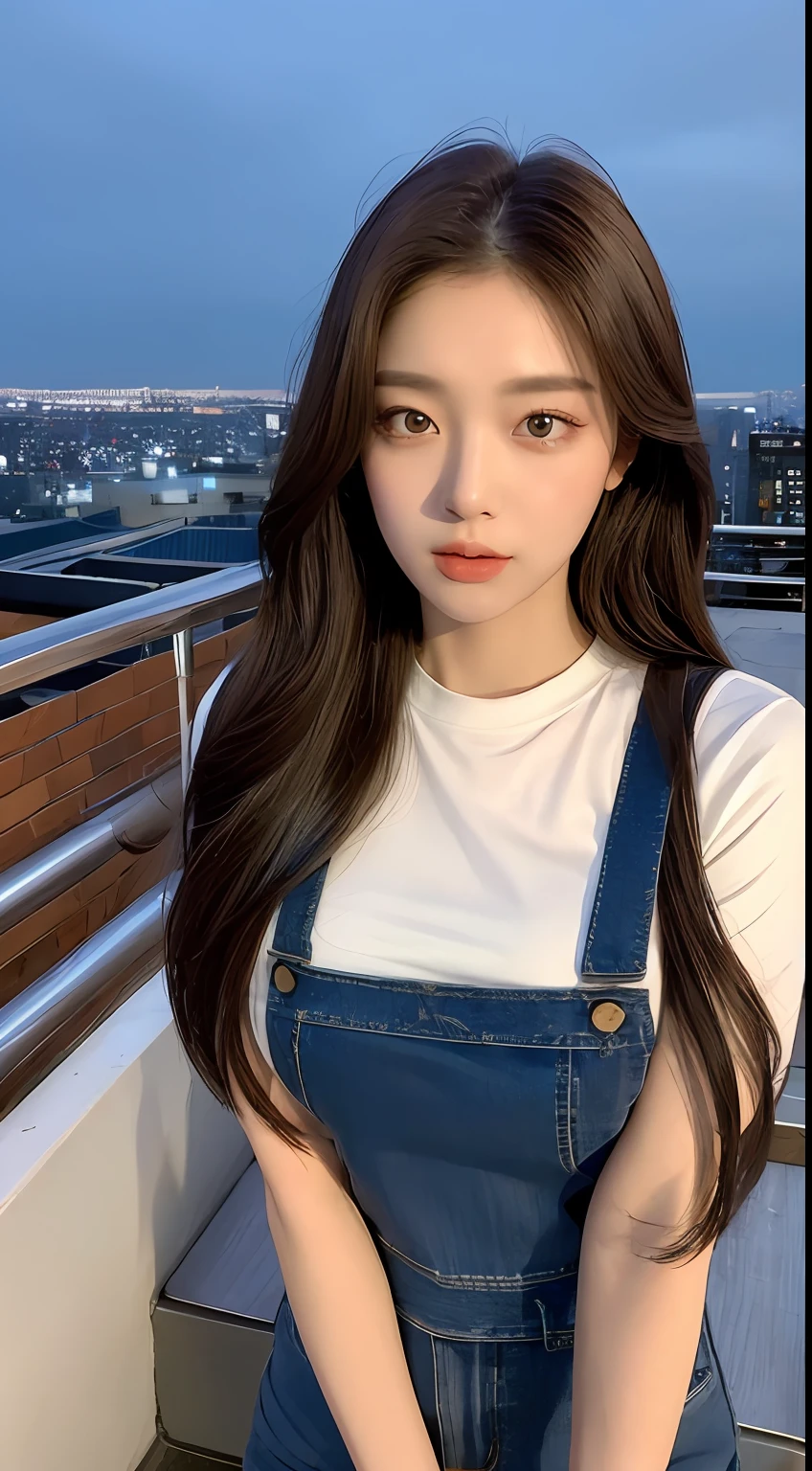 ((Midnight, Best quality, 8k, Masterpiece :1.3)), Whole body, Long legs, Sharp focus :1.2, A pretty woman with perfect figure :1.4, Slender abs :1.1, ((Dark brown hair, Big breasts :1.2)), (White tight tshirt, Jean bib, Standing:1.2), ((Night city view, Rooftop:1.3)), Highly detailed face and skin texture, Detailed eyes, Double eyelid