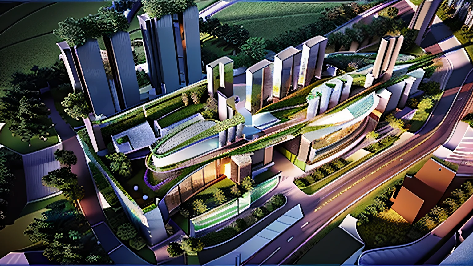 zoom out view, Detailed rendering, Perspective view, isometric perspective view, iso-distance view, digital model, Complex 3 D rendering, complex 3 d render, mid view, detailed model, close establishing shot, isometric view from behind, insanely detailed rendering, detail render, conceptual rendering,Aerial view of the building