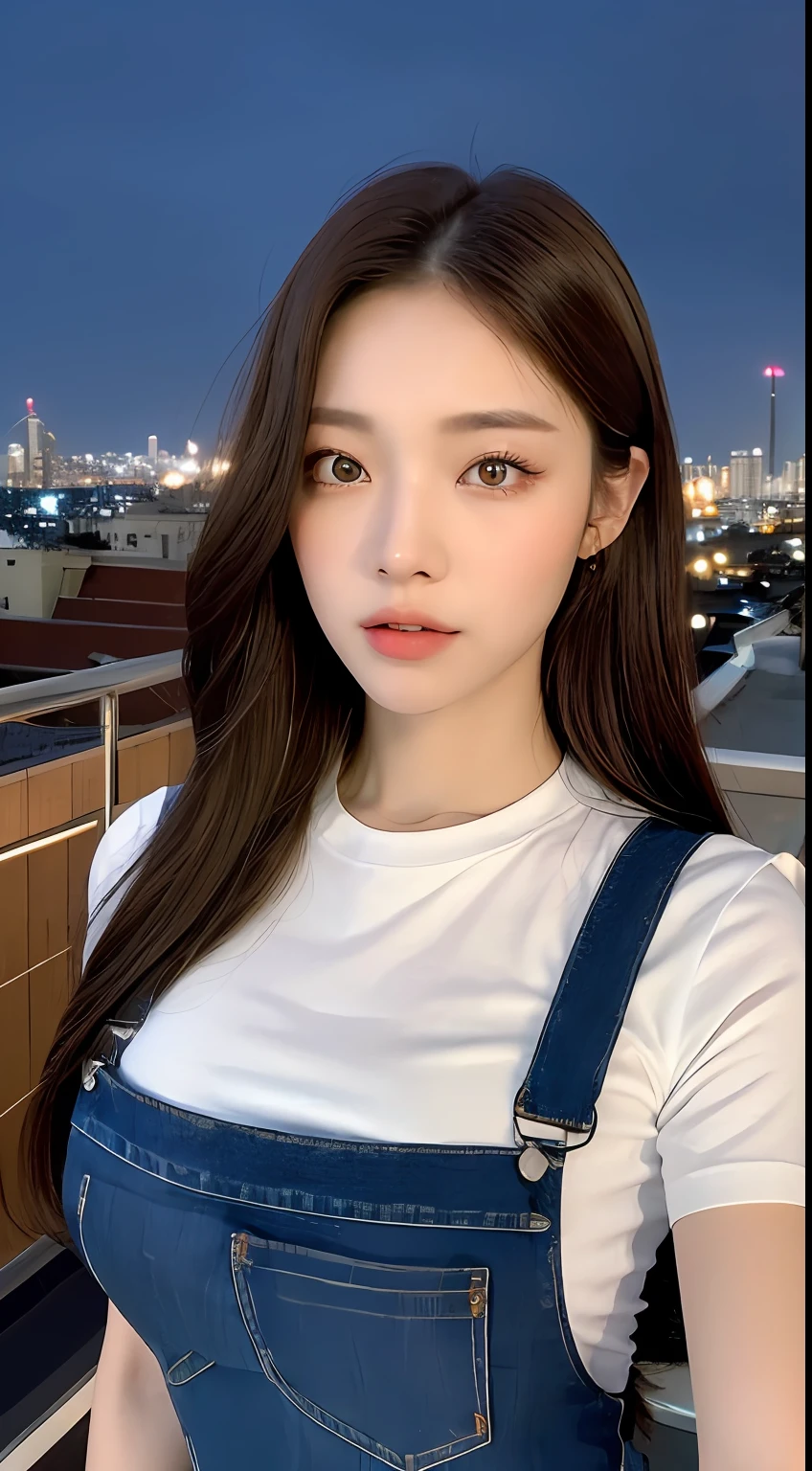 ((Midnight, Best quality, 8k, Masterpiece :1.3)), Whole body, Long legs, Sharp focus :1.2, A pretty woman with perfect figure :1.4, Slender abs :1.1, ((Dark brown hair, Big breasts :1.2)), (White tight tshirt, Jean bib, Standing:1.2), ((Night city view, Rooftop:1.3)), Highly detailed face and skin texture, Detailed eyes, Double eyelid