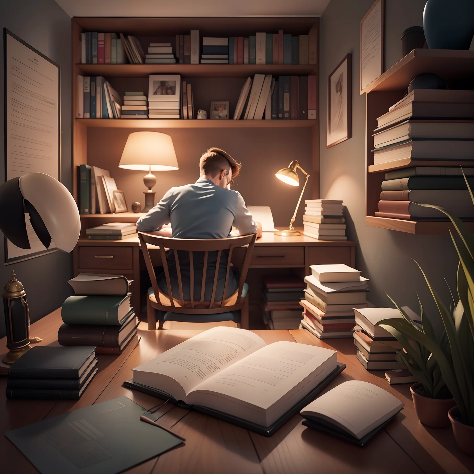 A man reads at his desk,This desk is neatly arranged with a variety of books,It was a night,The angle is the back