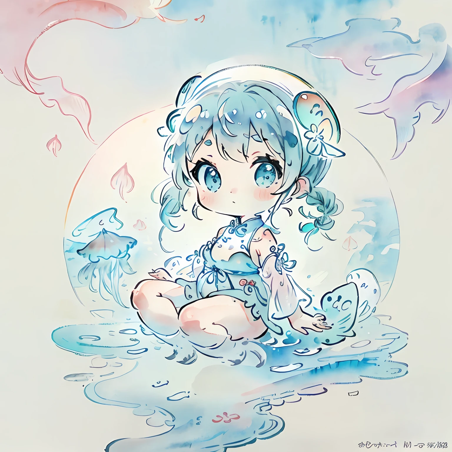 Chibi、Two-headed body、full body Esbian、jellyfish hat、See-through jellyfish、Fusion of nipple seals and jellyfish、The background is the sea、Watercolor touch、smear、colourfull、Active Pose、jumpping、Pigtails、mesugaki、thick eyebrow、Beautiful blonde、Braids、(masterpiece)、((top-quality))、girl with、独奏、(beautidful eyes))、beatiful detailed eyes、Five Fingers、textile shading、