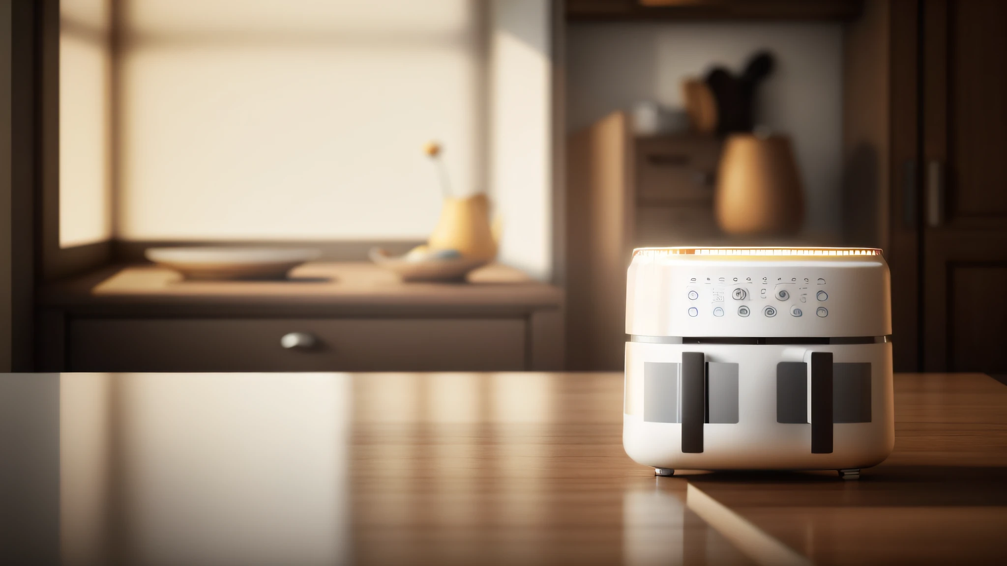Air fryer placed on the table,Interior design of modern style, Realistic, Photorealistic, 8K, strong light on meeting table,Chiaroscuro, hyper HD, Best picture quality ,realisticlying,Foto realism,cupboard,Lens perspective blur,Bright lights,Realistic lighting