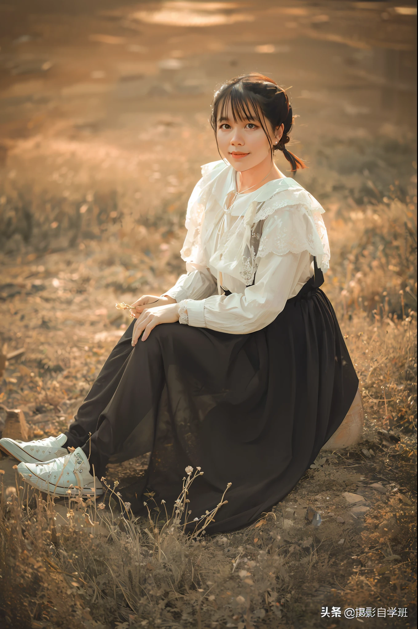 there is a woman sitting on the ground in a dress, high quality portrait, Asian girl, mid shot portrait, Chinese girl, Young Asian girl, sitting in a field, portrait full body, Casual pose, portrait soft light, Cute woman, in a field, 1 3 5 mm nikon portrait, Korean girl, 60mm portrait, Profile picture, 7 0 mm portrait,Trident in hand