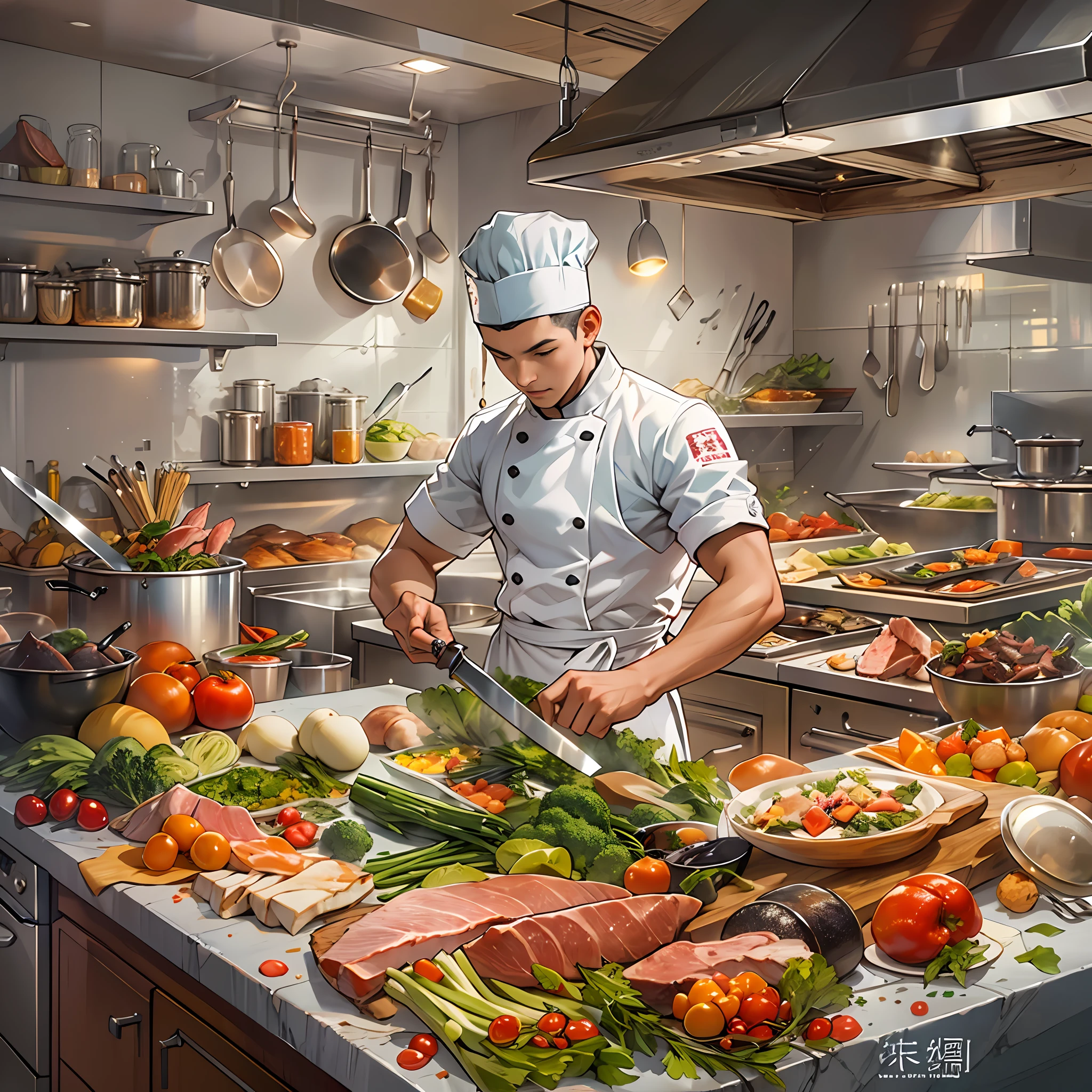 A young chef standing in a spacious and bright kitchen, focused on preparing ingredients, cutting various vegetables and meats with a sharp knife in a fast and skillful manner, vibrant atmosphere and aroma of delicious food in the kitchen ,in the style of the stars art group xing xing, 32k, best quality, masterpiece, super detail, high details