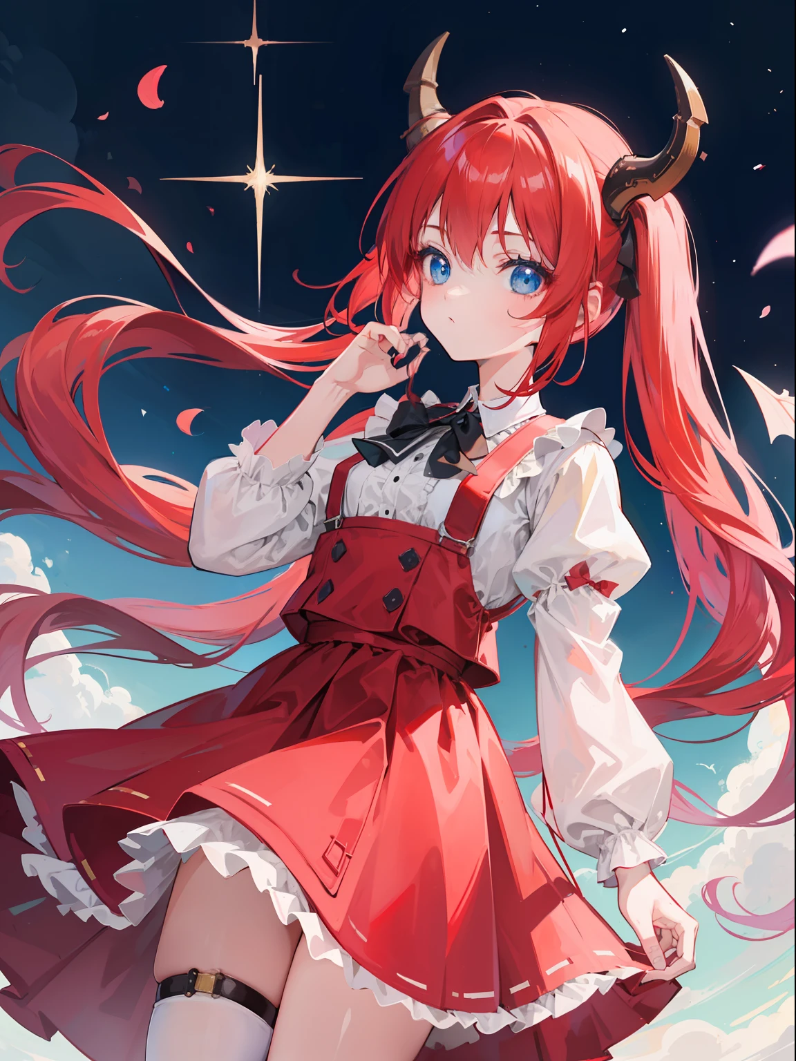 {{best quality}}, {{masterpiece}}, {{ultra-detailed}}, {illustration}, {detailed light}, red hair,blue eyes,twintails,lolita,Suspenders skirt,Fantastic,loli,solo,Dragon horns,little girl,long hair