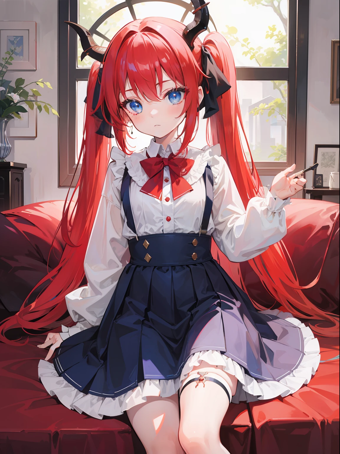{{best quality}}, {{masterpiece}}, {{ultra-detailed}}, {illustration}, {detailed light}, red hair,blue eyes,twintails,lolita,Suspenders skirt,Fantastic,loli,solo,Dragon horns,little girl,long hair