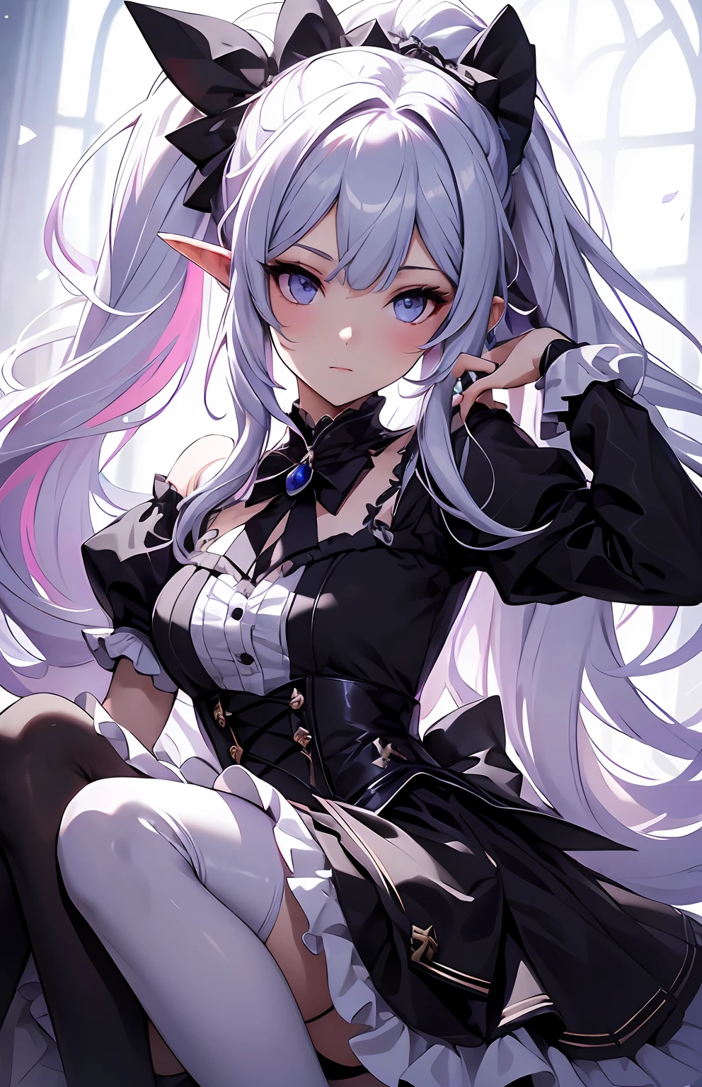 best qualityer，tmasterpiece，Ultimate resolution，downy，Extremely colorful，Colorful，Elven girl，Well-behaved and cute，full bodyesbian，Black and white double ponytail，Lolita long dress， Long legs with two white stockings，Muffin shoes，closeup of face