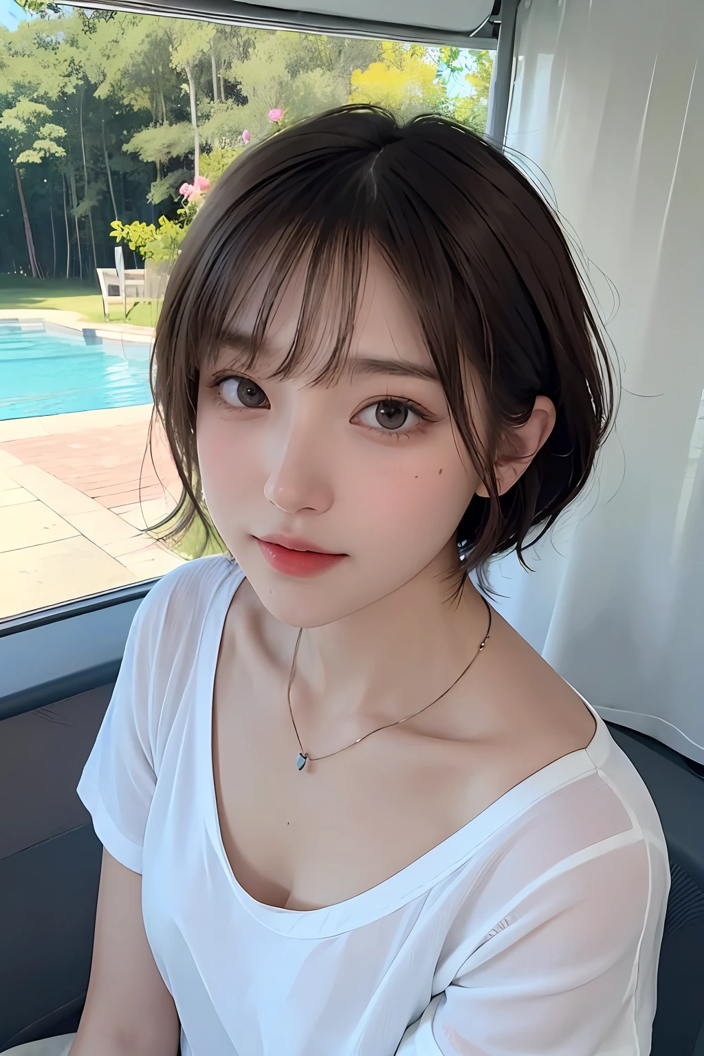 top-quality、masterpiece、超A high resolution、(realisitic:1.4)、(True skin texture:1.3)、(film grains:1.3)、the panorama、portlate、Very wide lens、a closeup、Tindall Effect、Perfect beautiful adult woman、Beautiful detail eyes and skin、ssmile、short cut hair、Petite bust、Small necklace、Short sleeved shirt、Strong sunshine、Summer sea and sky、iced coffee、