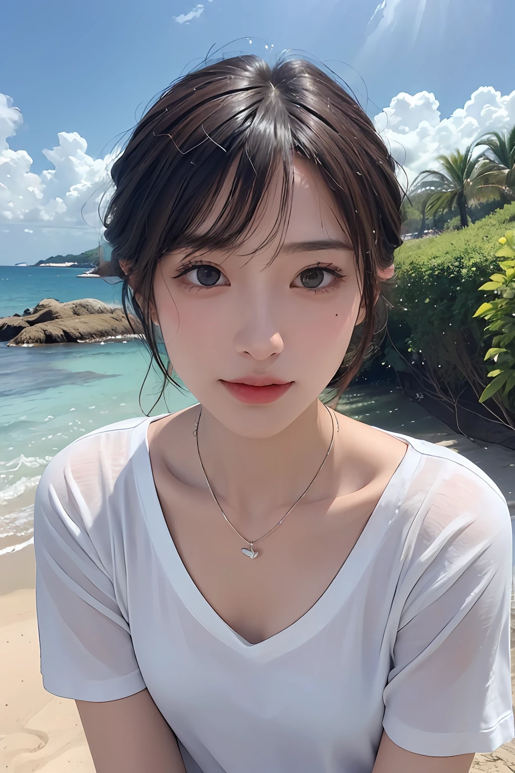 top-quality、masterpiece、超A high resolution、(realisitic:1.4)、(True skin texture:1.3)、(film grains:1.3)、the panorama、portlate、Very wide lens、a closeup、Tindall Effect、Perfect beautiful adult woman、Beautiful detail eyes and skin、ssmile、short cut hair、Petite bust、Small necklace、Short sleeved shirt、Strong sunshine、Summer sea and sky、iced coffee、