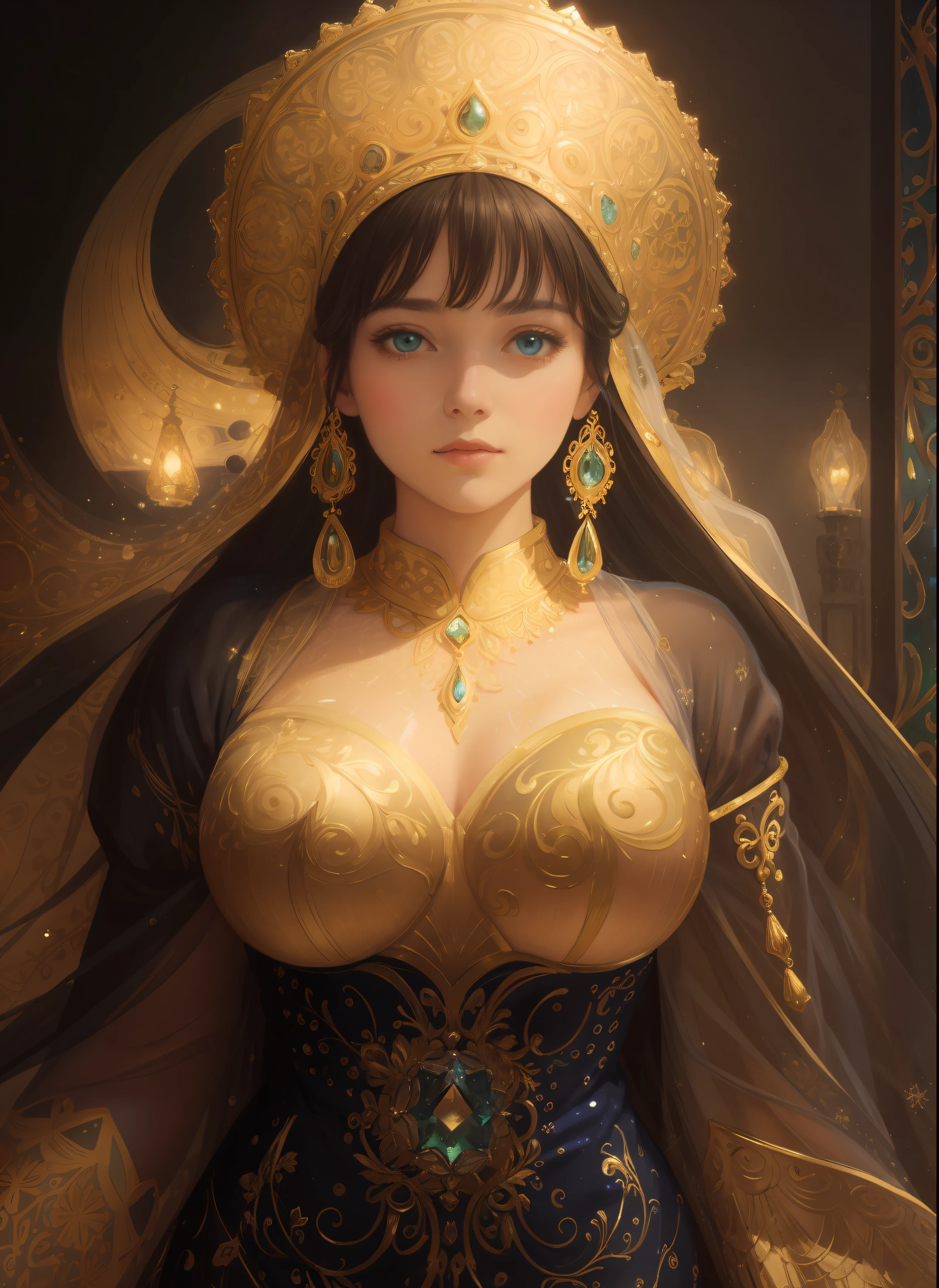 A mesmerizing portrait of a woman, small breast inspired by the artistry of Gustav Klimt. The woman, her features rendered in hyper-realistic detail, is adorned with intricate patterns and motifs reminiscent of Klimt's iconic style. The lighting is soft and diffused, casting a warm glow on her figure and the ornate decorations. The color palette is rich and vibrant, with a focus on golds and jewel tones, a signature of Klimt's work. The composition is carefully balanced, with the woman centrally positioned in the frame. The image is to be generated with a high-resolution 16k, using a virtual 85mm lens, with a focus on sharpness and depth-of-field dynamic pose, ice dress, body shot, crown of ice flowers, long shot, cute translucent water ice queen woman, dynamic pose, full head-to-toe shot, full body shot, perfect detailed face, detailed symmetric blue-green eyes with circular iris soft natural lighting, symmetrical, natural skin texture, soft lighting, detailed face, photorealism, soft pastel colors sparkling, looking into the camera, photorealistic painting, sharp focus, 8k, perfect composition, trending on artstation, award-winning photograph, unreal engine 5, cinematic smooth, intricate detail, studio photo, highly detailed. simple mountain snow background. blue green hair, blue-green eye brows, transparent ice skin, dynamic profile pose, winter Boquete of ice flowers, flowing silky water-ice dress. --auto