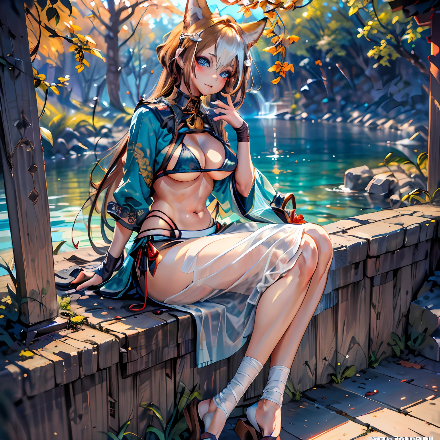 (NSTDA.:1.2), (10, beste-Qualit, master-piece: 1.4), ultra-high resolution, (lifelike, photorealistic portrait: 1.48), 25 years old, Cute Girl, (See through the microcolor bikini beetle:1.11), Famous Japanese actors, gigantic breasts, Blue Eyes, long-haired, Head tilt, cowboy shot, from the side, looking at the audience, expressionless, Beautiful lake, Zeiss 150mm F/ 2.8 Hasselblad, Love Fox Ear, In Japanese shrines, Whole body, foot, Ultra-Wide Angle
