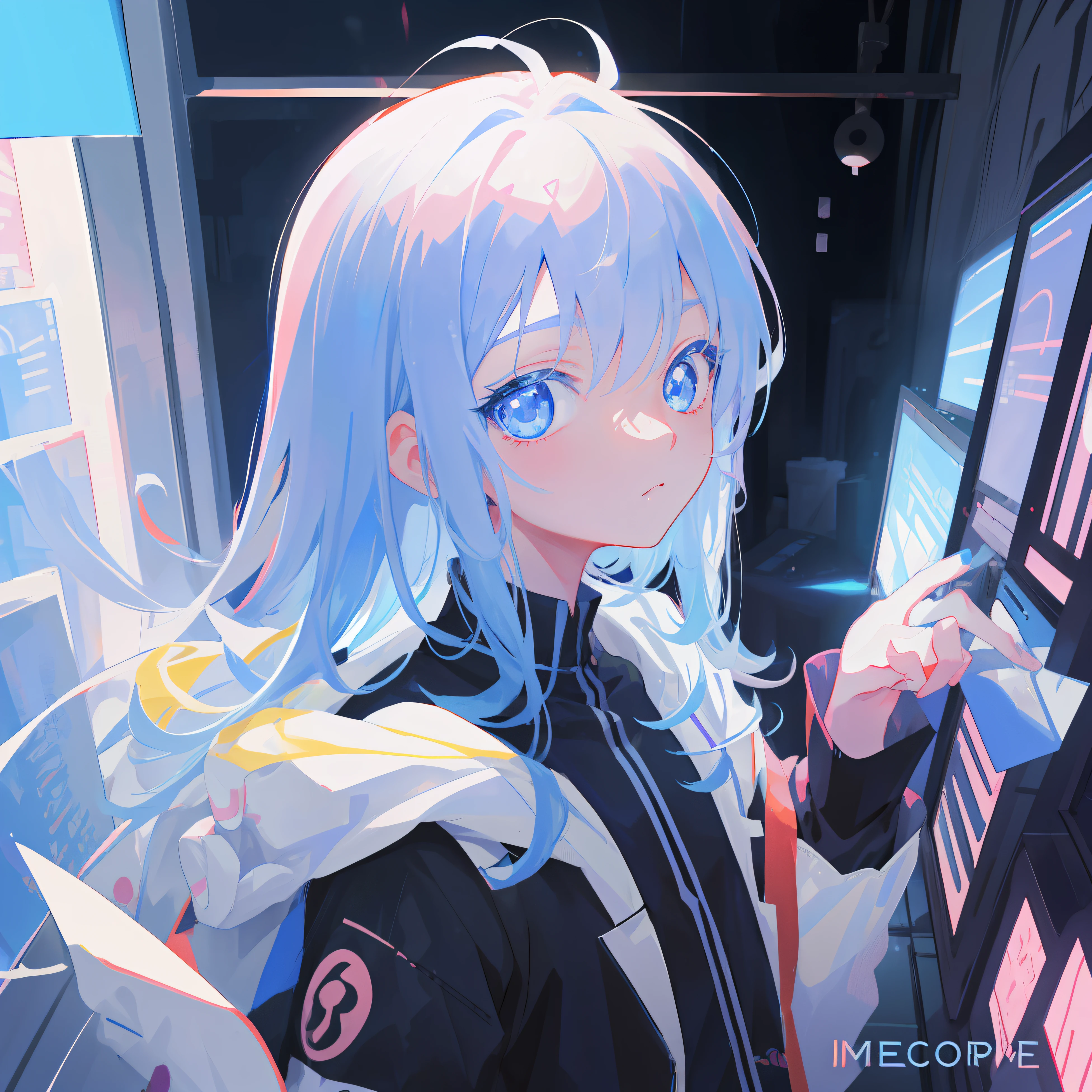 Anime characters on blue eyes computer screen, Anime style. 8K, style of anime4 K, drawn in anime painter studio, Detailed digital anime art, Digital anime art!!, Digital anime art, flat anime style shading, Digital anime illustration, clean and meticulous anime art, Anime. Soft lighting, anime art style, a beautiful anime portrait