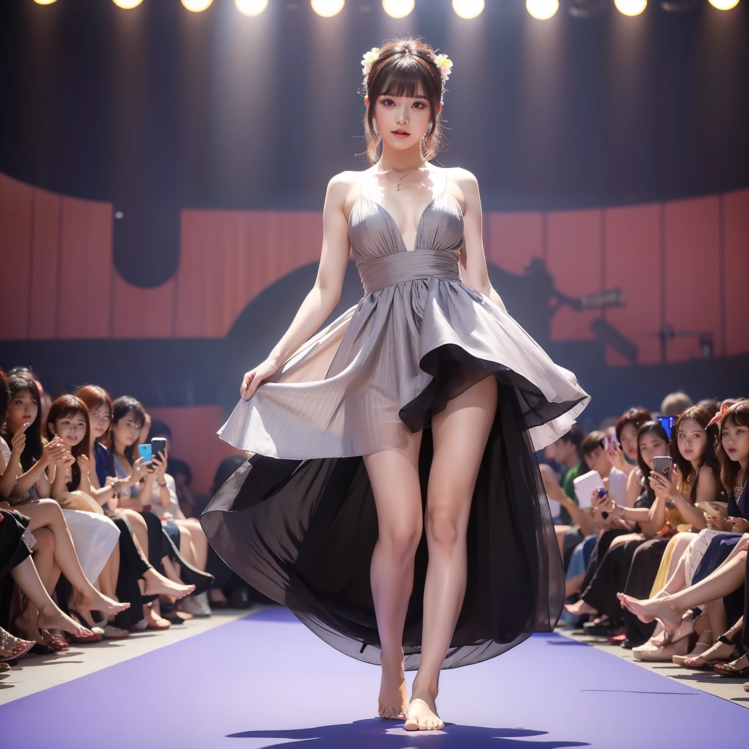 Woman in summer dress,Height 1.8 meters,Tall,Thick bangs,Barefoot,Eye makeup,perfect bodies,Wow the audience