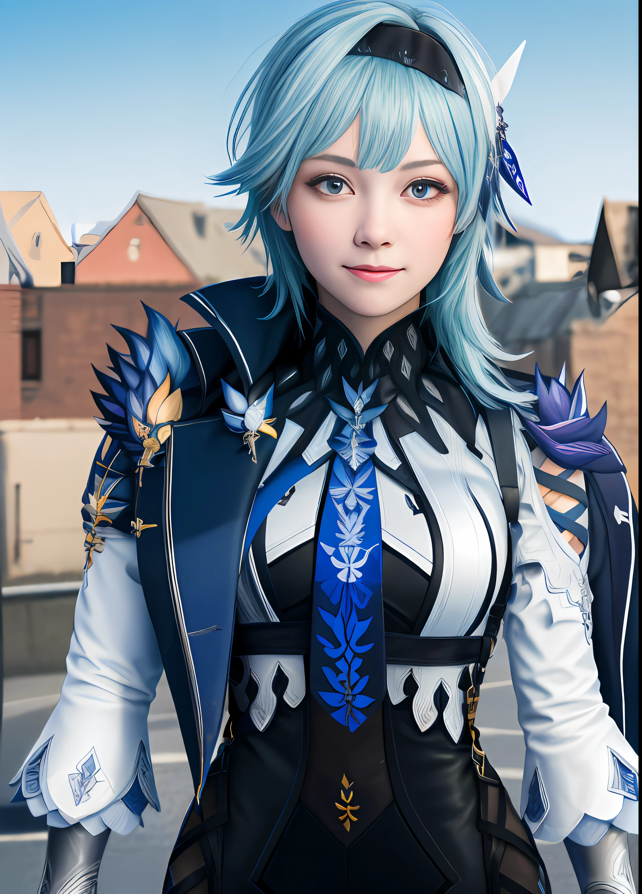 1girll,Realistis,Solo,Yula,the original god,The upper part of the body,ssmile,Be red in the face,exteriors,In the daytime,simple backgound,blue-sky,short detailed hair,Skysky,looking at viewert,solid color backdrop