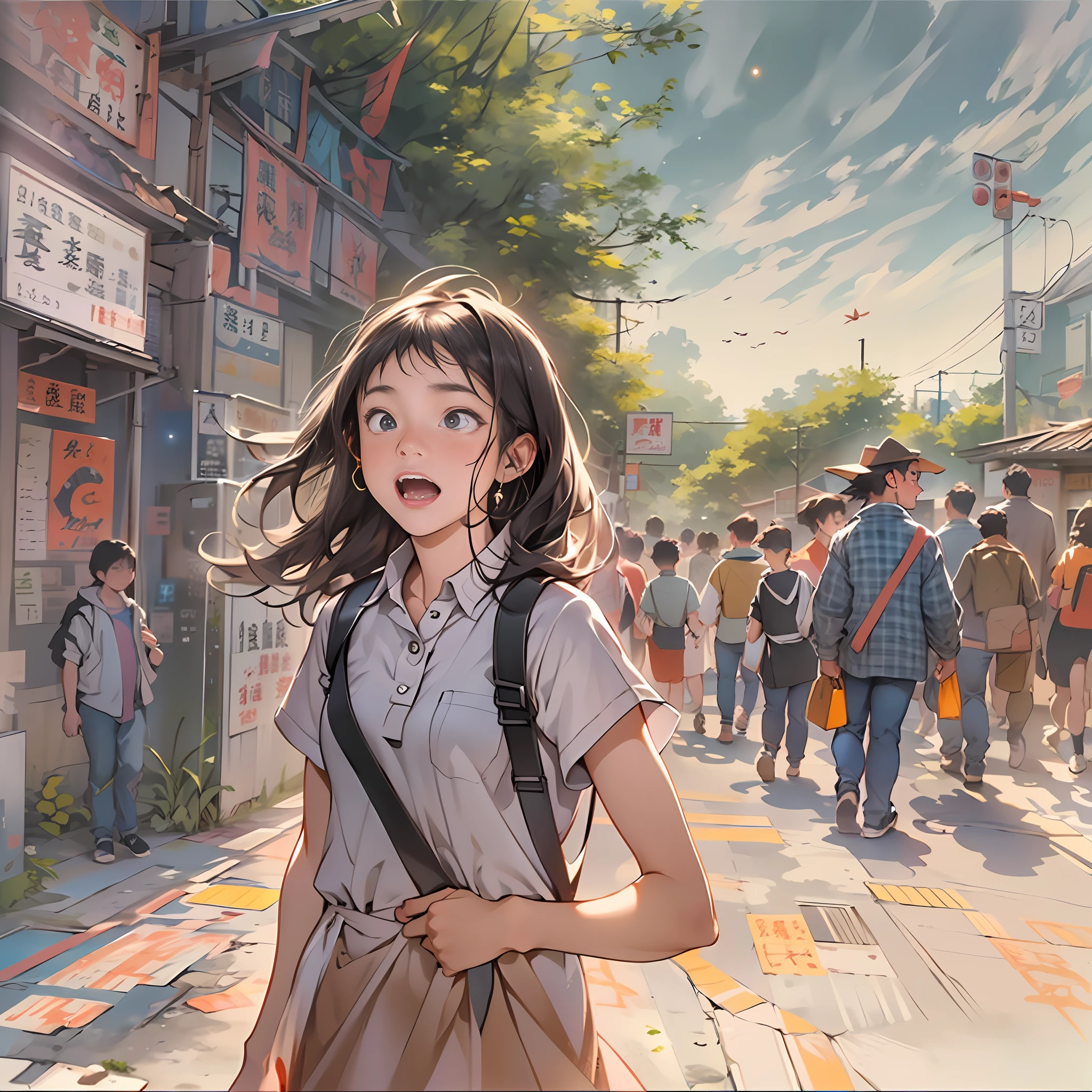 A young girl anxiously explaining, with a TV recording site entrance behind her. A hurried young man is rushing towards the recording site, with a look of anticipation and excitement, ,in the style of the stars art group xing xing, 32k, best quality, masterpiece, super detail, high details,
