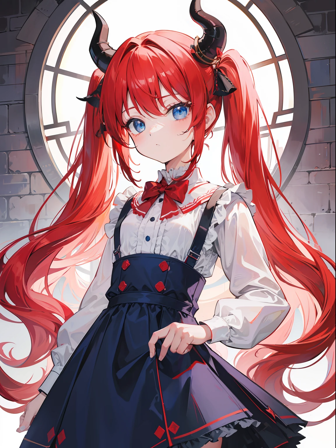 {{best quality}}, {{masterpiece}}, {{ultra-detailed}}, {illustration}, {detailed light}, red hair,blue eyes,twintails,lolita,Suspenders skirt,Fantastic,loli,solo,Dragon horns,little girl,long hair