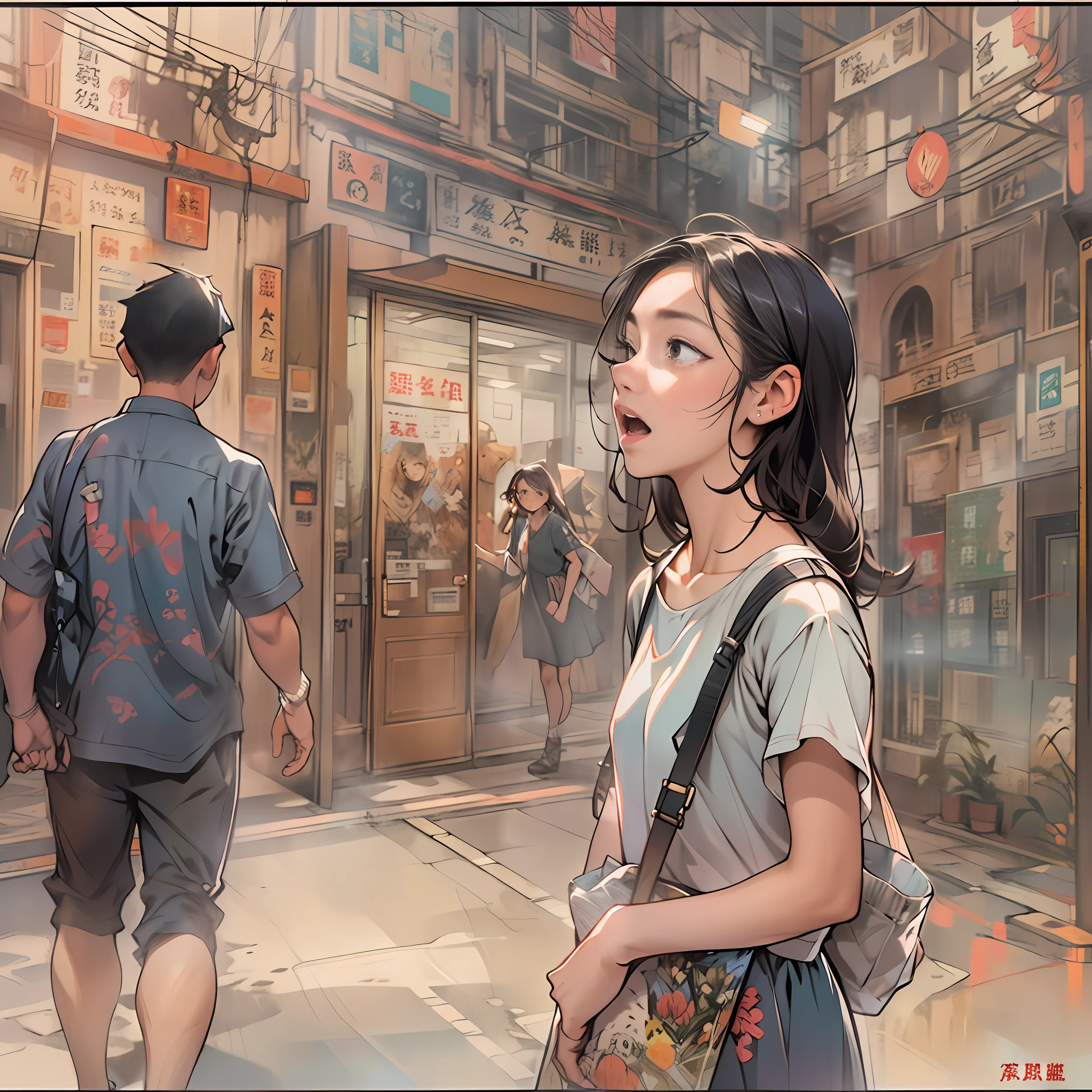 A young girl anxiously explaining, with a TV recording site entrance behind her. A hurried young man is rushing towards the recording site, with a look of anticipation and excitement, ,in the style of the stars art group xing xing, 32k, best quality, masterpiece, super detail, high details,