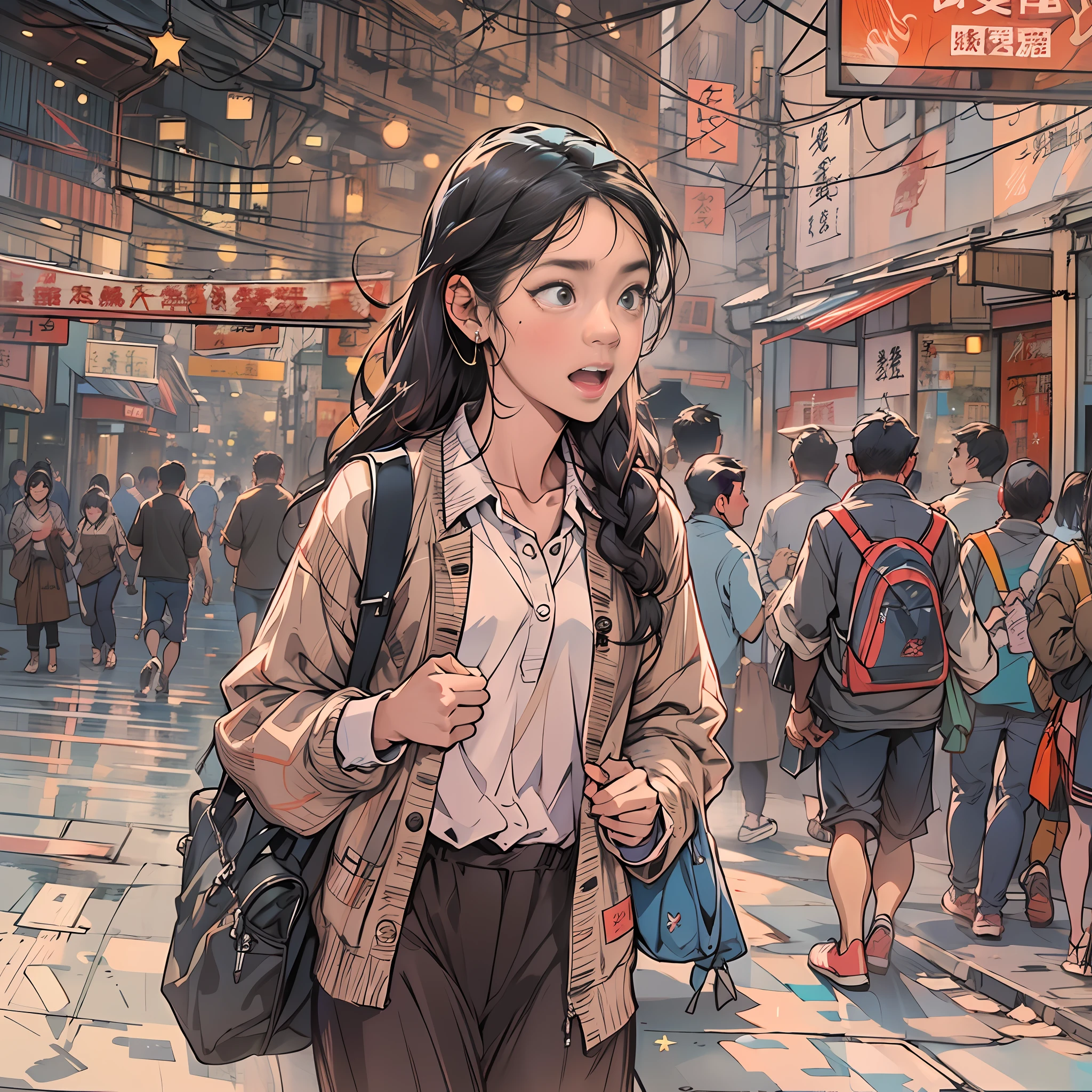 A young girl anxiously explaining, with a TV recording site entrance behind her. A hurried young man is rushing towards the recording site, with a look of anticipation and excitement, ,in the style of the stars art group xing xing, 32k, best quality, masterpiece, super detail, high details,