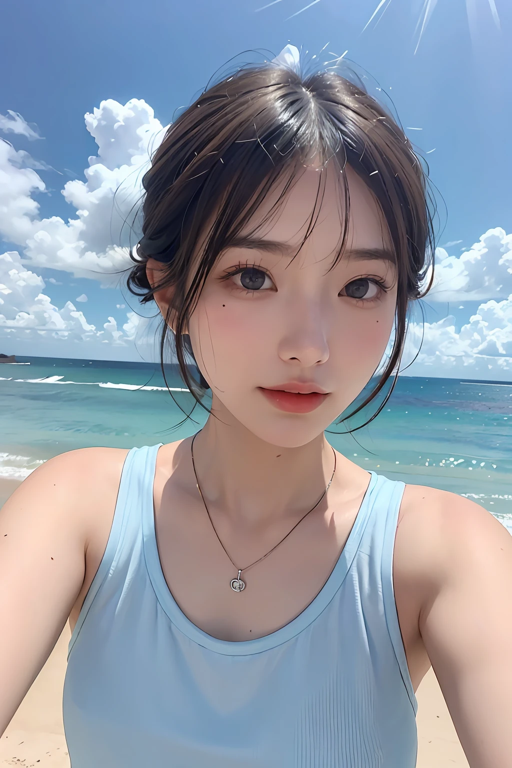 top-quality、masterpiece、超A high resolution、(realisitic:1.4)、(True skin texture:1.3)、(film grains:1.3)、the panorama、portlate、Very wide lens、a closeup、Tindall Effect、Perfect beautiful adult woman、Beautiful detail eyes and skin、ssmile、short cut hair、Petite bust、Small necklace、Short sleeved shirt、Strong sunshine、Summer sea and sky、Iced coffee in hand、