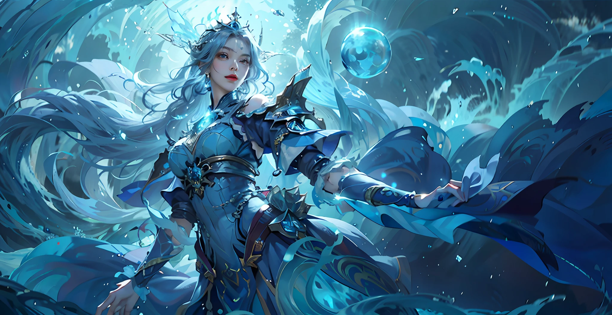 Close-up of a woman in a blue dress, Crown on head,Blue hair,queen of the sea mu yanling, Irelia, Splash Art, league of legends splashart, ice sorceress, IG model | Art germ, crystalline skin, Ashe, league of legends splashart, Official Splash Art, as seen on artgerm, artgerm detailed