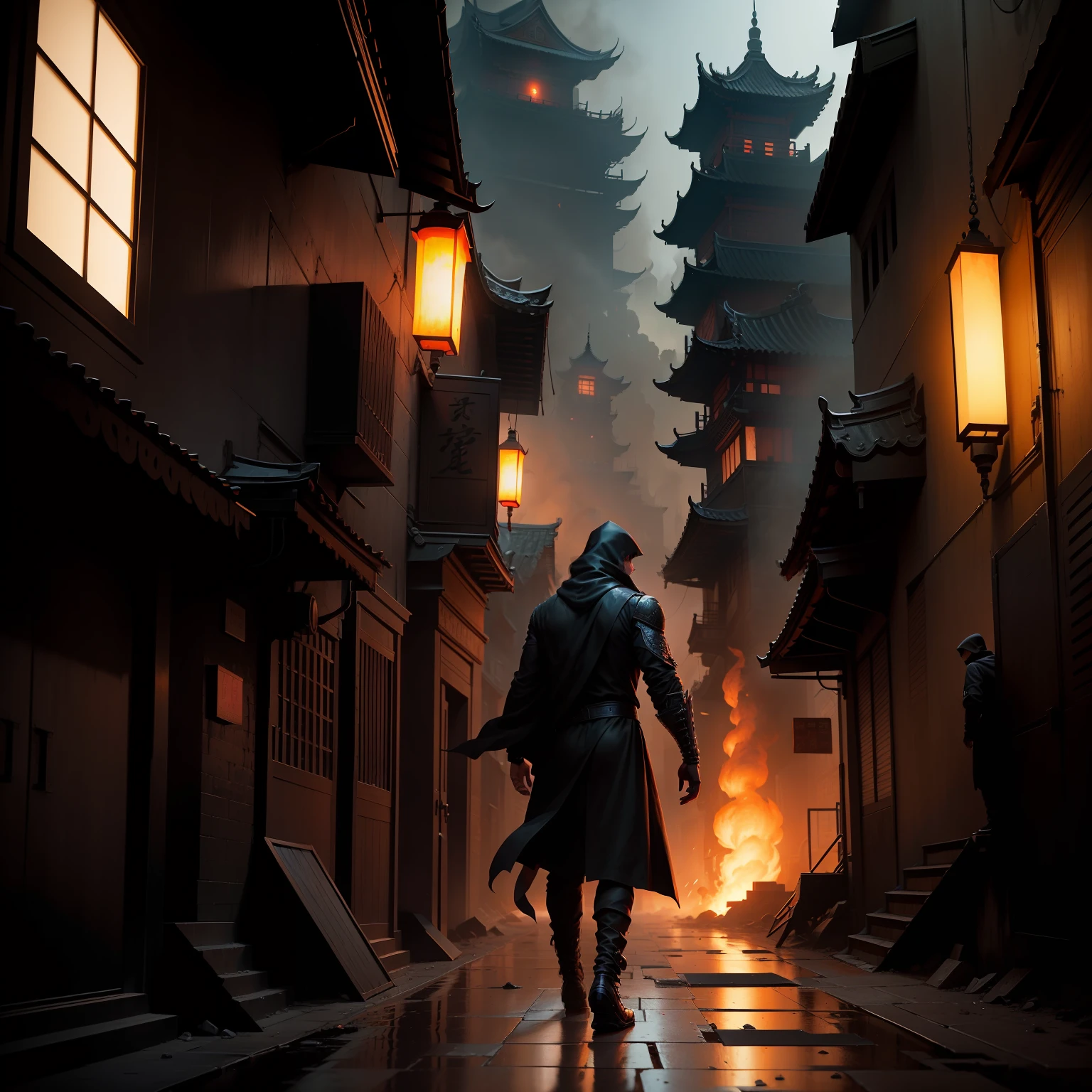 A man in black wearing a black hood walks with his back to the picture in a burned alley in the style of a ninja scroll, cyberpunk chinese ancient castle, dreamy Chinese towns, an ancient city on fire, burning city background, Bad luck in the alley, victo ngai. illusory engine, immensely detailed scene