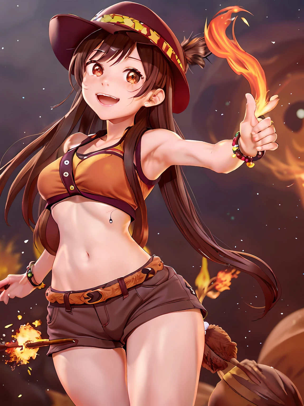 Brown hair, Hat, Shorts, dark brown attire, beads bracelets, cheerful big breasts, Smiling，walnuts，quadratic element，Kizi，Vulcan Eye，Small breasts，dual horsetail，Fire particles，Control life and death，Armed with a fire elemental spear，Genshin 2D