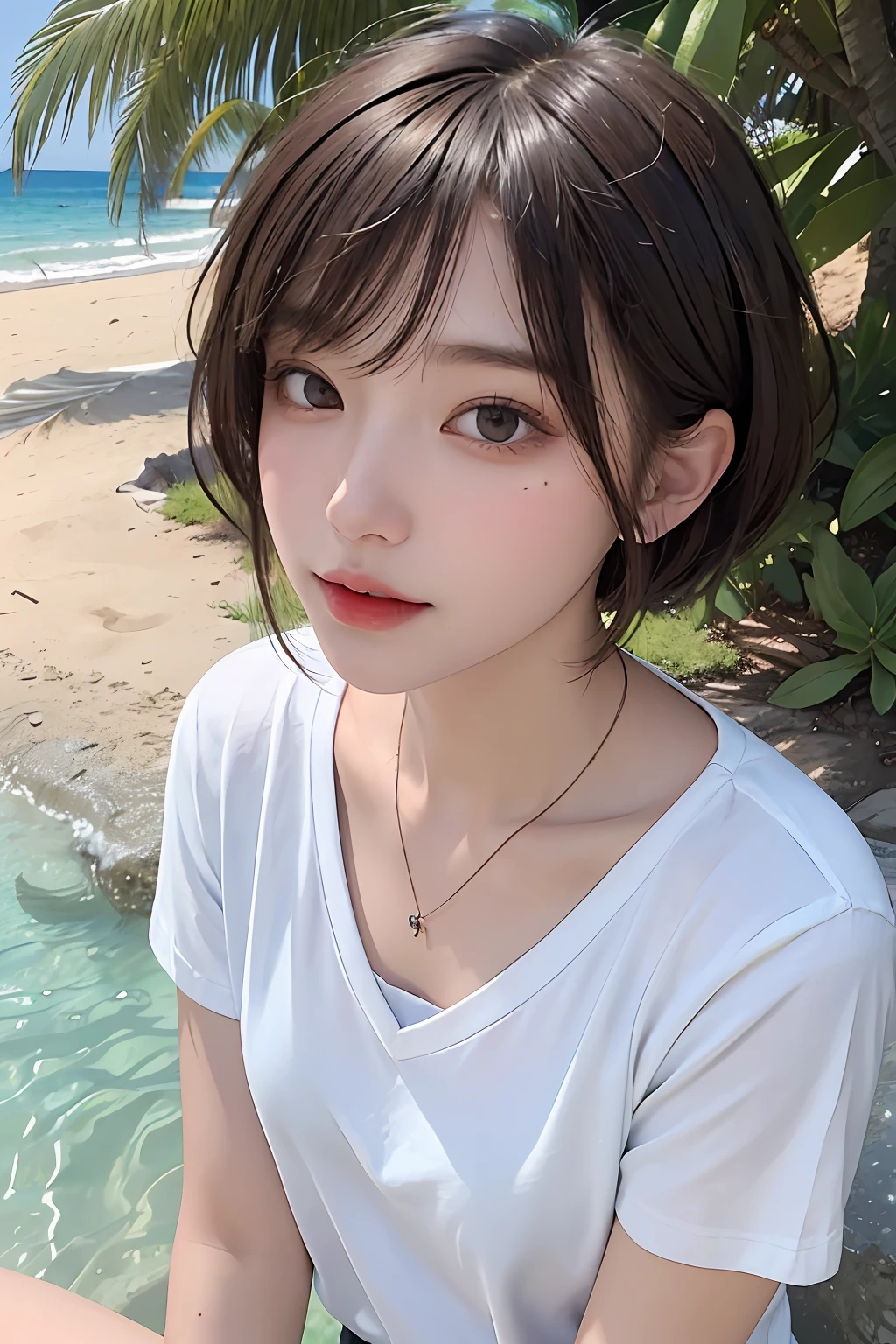 top-quality、masterpiece、超A high resolution、(realisitic:1.4)、(True skin texture:1.3)、(film grains:1.3)、the panorama、portlate、Very wide lens、a closeup、Tindall Effect、Perfect beautiful adult woman、Beautiful detail eyes and skin、ssmile、short cut hair、Petite bust、Small necklace、Short sleeved shirt、Strong sunshine、Summer sea and sky、