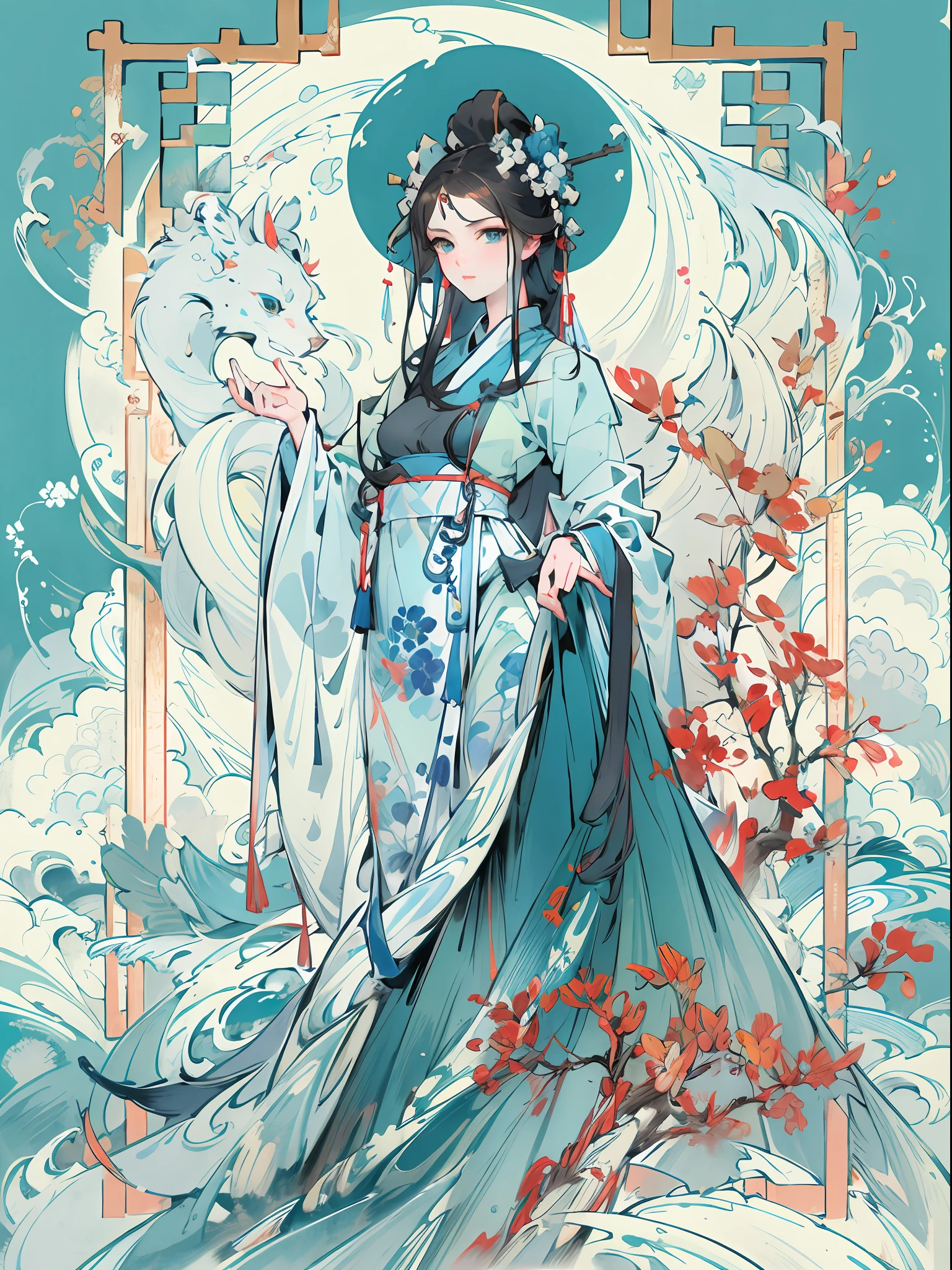 （（tarot design:1.5, ﻿rotationalsymmetry)）, (Blue and white background:1.4),Romance of the Three Kingdoms, (Ancient Chinese characters，An ancient Chinese beauty，Xishi), wearing ancient Chinese costume，gossamer，Ink painting style，Clean colors，swell sea，Waves, splash of water，minimalistic composition, Delicate hairpins，dreamy glow，Conceptual digital art，Colorful，Vivid and bright colors，(Very detailed, reasonable design, Clear lines, High sharpness,Best quality, Masterpiece, 4K )