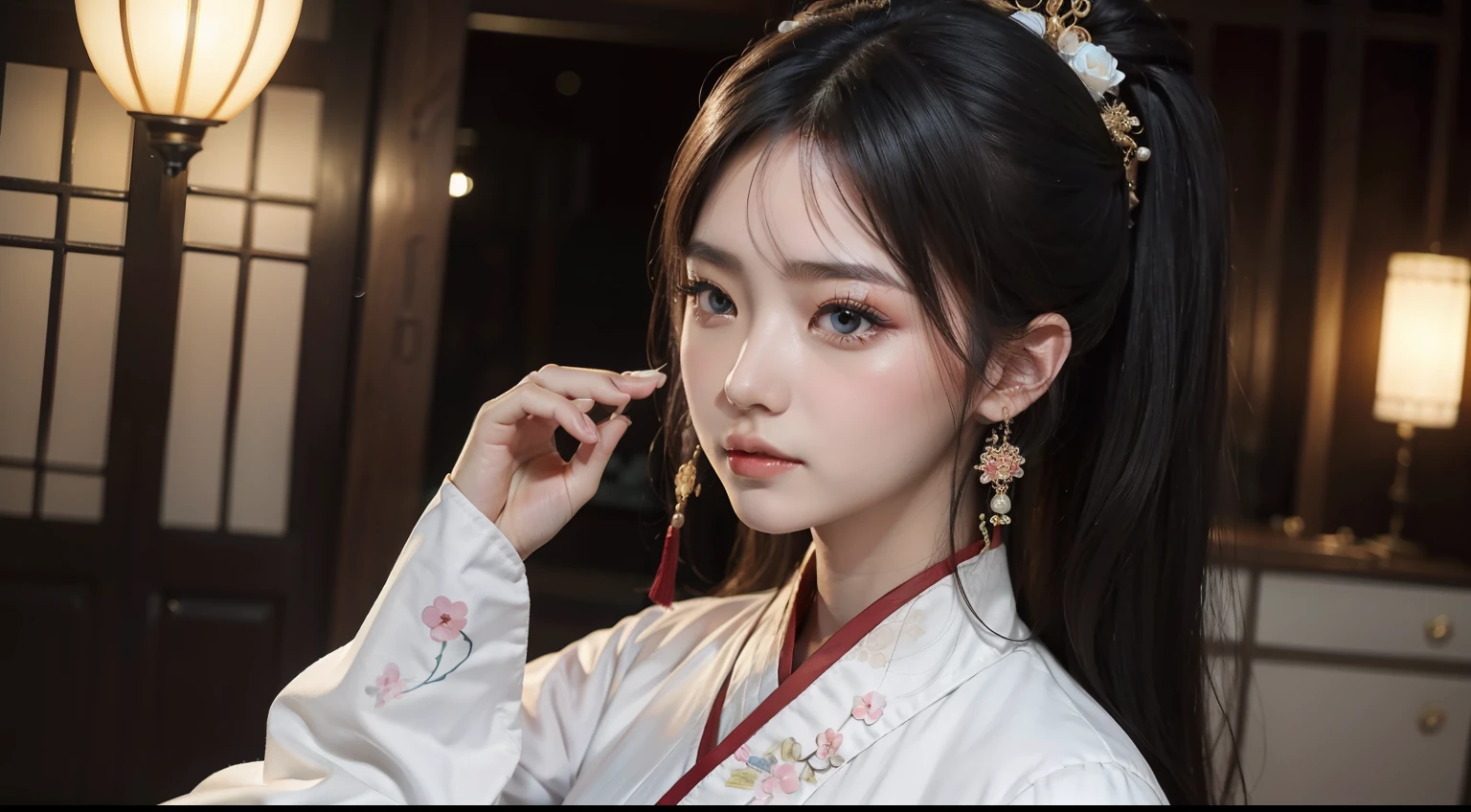 A beautiful woman in Hanfu,Beautiful face,with fair skin,with a good figure,Raised sexy