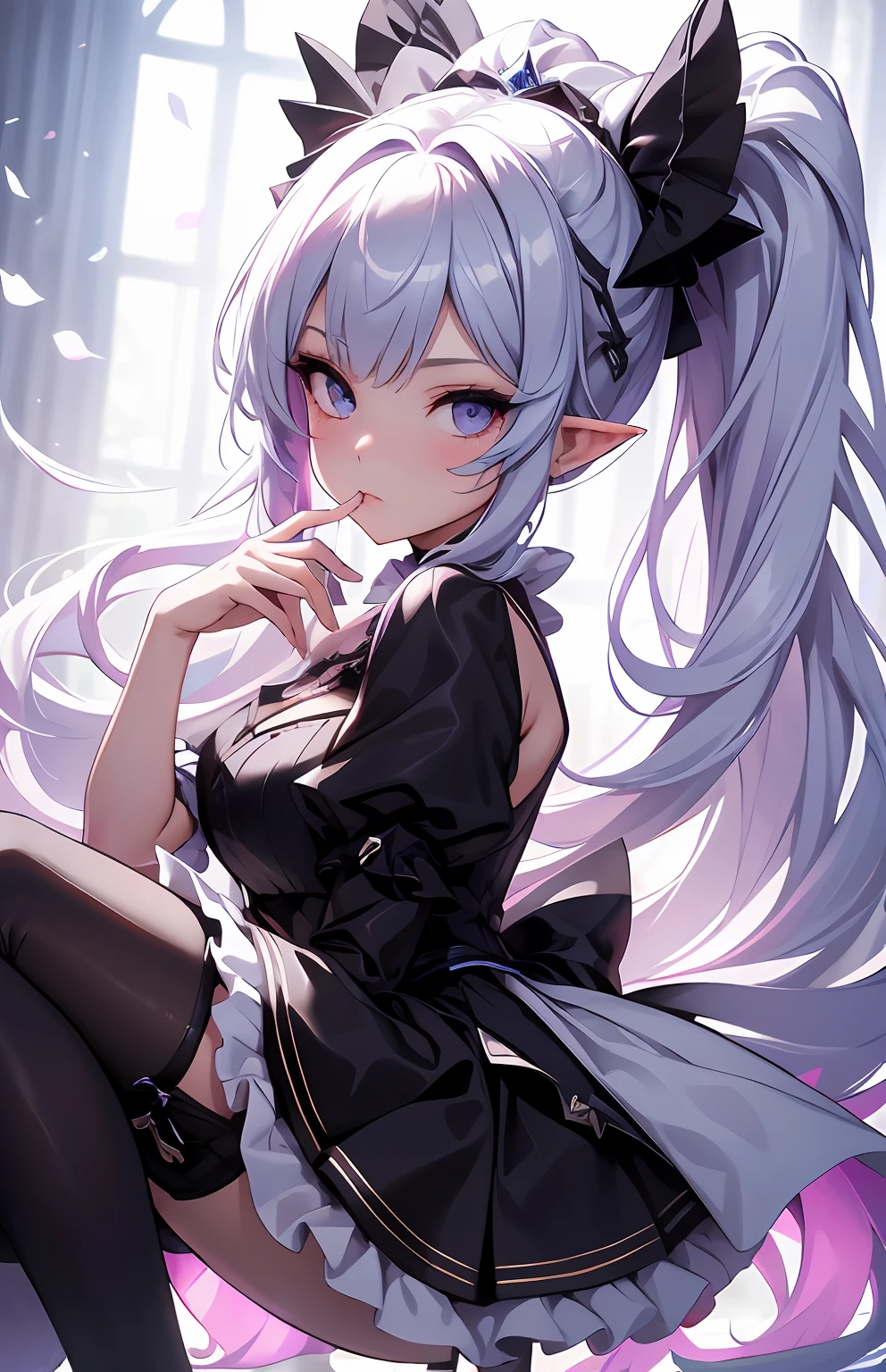 best qualityer，tmasterpiece，Ultimate resolution，downy，Extremely colorful，Colorful，Elven girl，Well-behaved and cute，full bodyesbian，Black and white double ponytail，Lolita long dress， Long legs with two white stockings，Muffin shoes，closeup of face