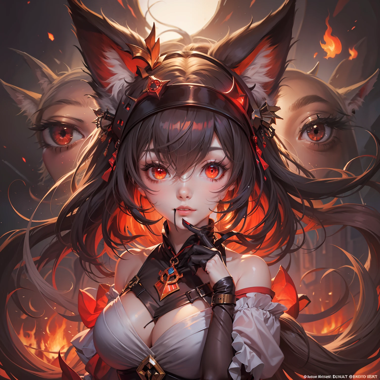 (masterpiece), (best quality), 1girl, girl with fox ears, (red glowing eyes), fantasy, sexy, big breast, mystery
