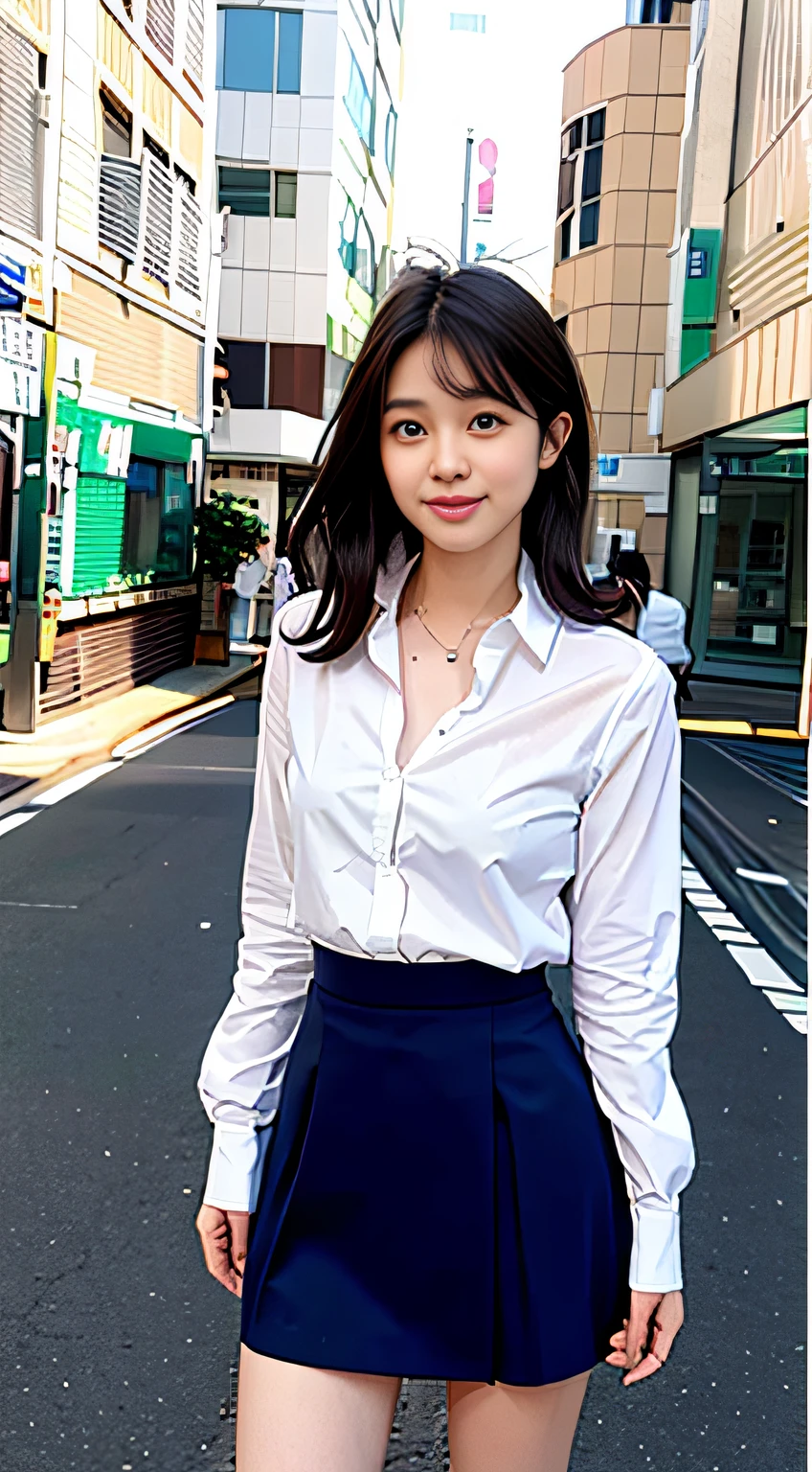 Laughing、White shirt、Navy blue skirt、A dark-haired、campus