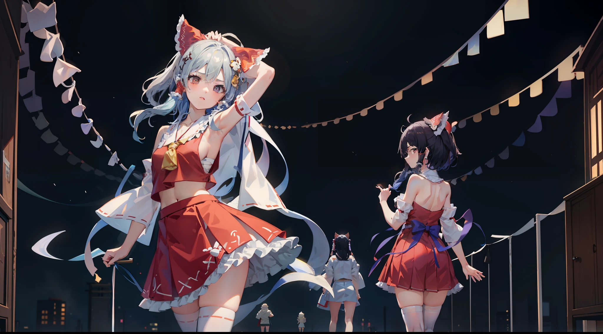 full bodyesbian,(tmasterpiece:1.2),(best qualtiy:1.3),one-girl,standing on your feet,(shrine maiden clothe:1.3),(Expose the armpits:2.0)white stockings,Look back at the audience