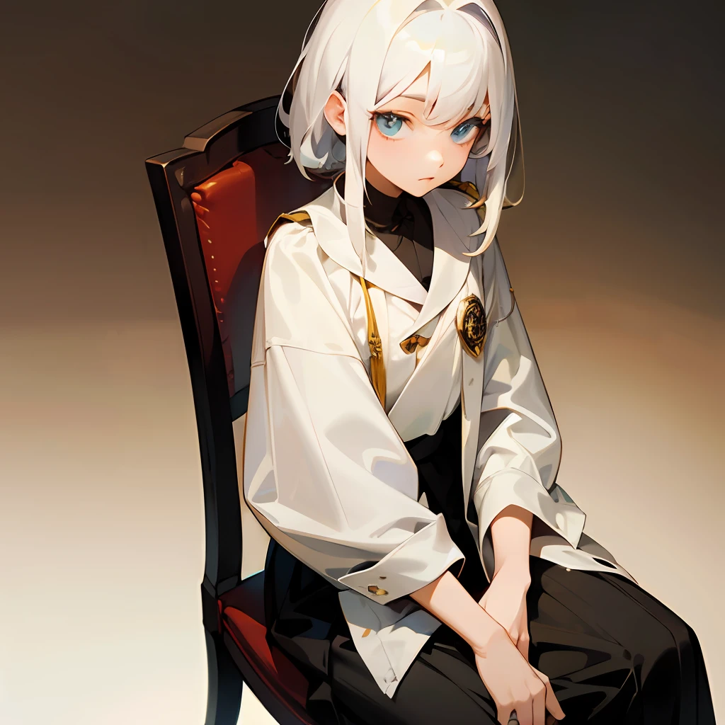 In an anime-style, a beautiful young girl sits on a chair with white hair and a black skirt. She is 20 years old and her eyes reveal a sense of purity and innocence. --auto --s2